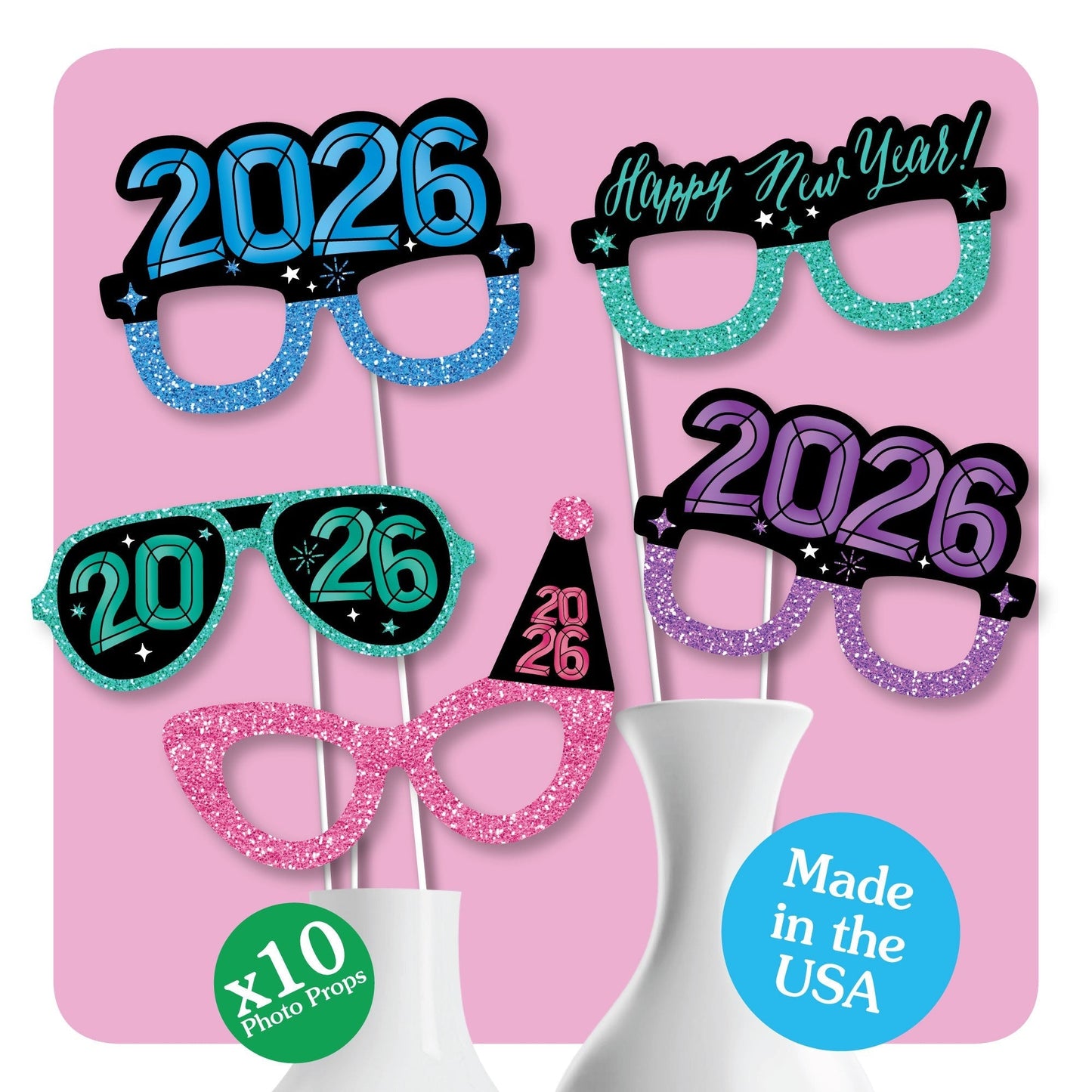 Colorful New Year 2026 Glasses and Masks Photo Props - 10 Ct