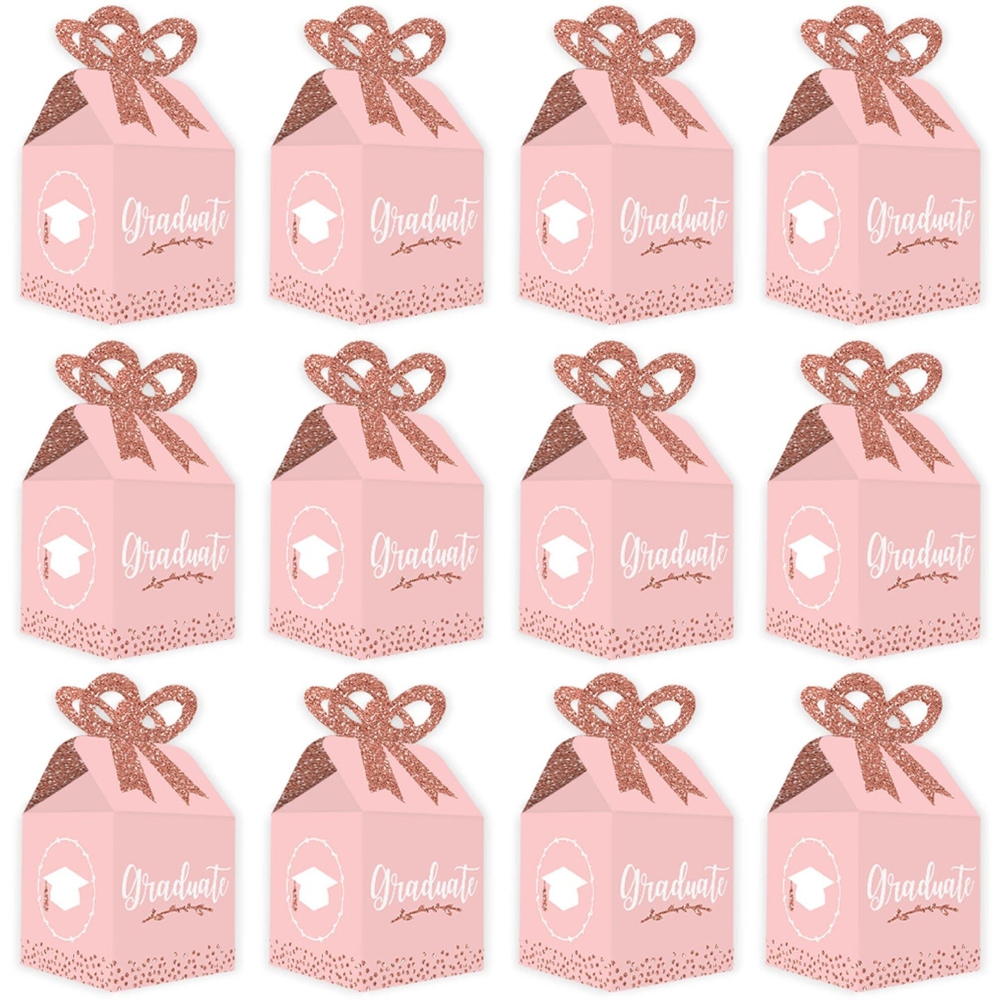 Rose Gold Grad - Square Favor Gift Boxes - Graduation Party Bow Boxes - Set of 12