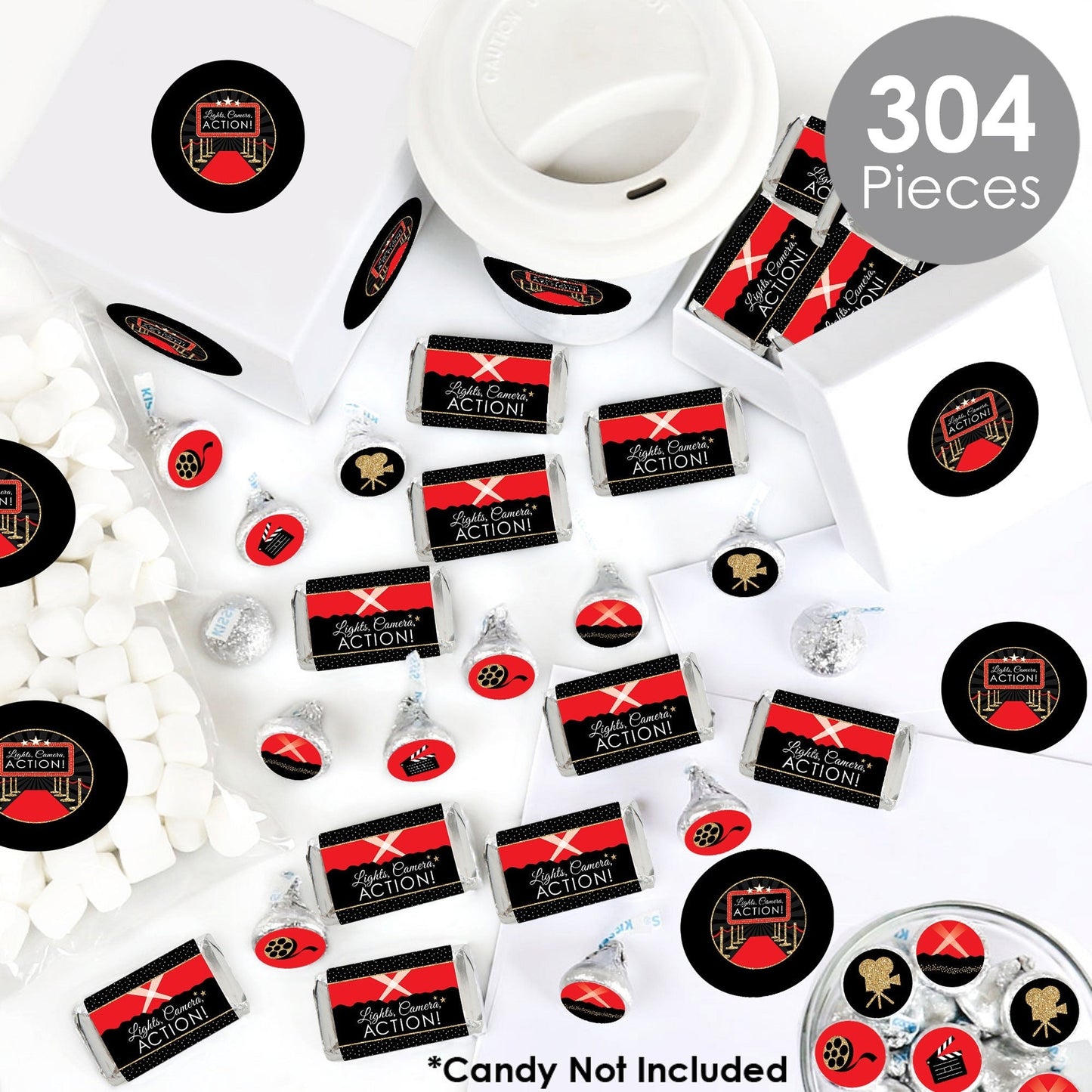 Red Carpet - Mini Candy Bar Wrappers, Round Candy Stickers and Circle Stickers - Movie Night Party Candy Favor Sticker Kit - 304 Pieces