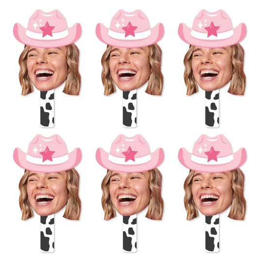 Custom Photo Last Rodeo - Pink Cowgirl Bachelorette Party Head Cut Out Photo Booth and Fan Props - Fun Face Cutout Paddles - Set of 6