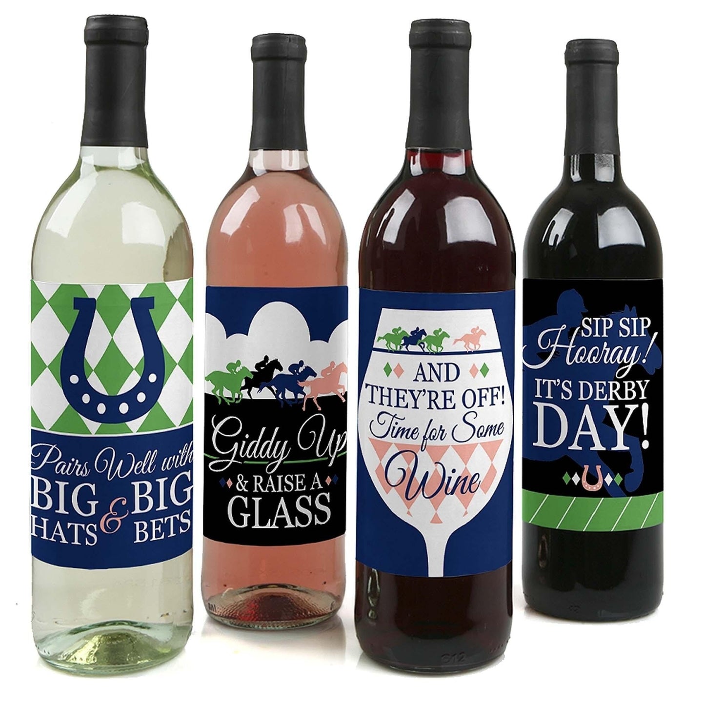 Kentucky Horse Derby - Horse Race Party Decorations for Women and Men - Wine Bottle Label Stickers - Set of 4