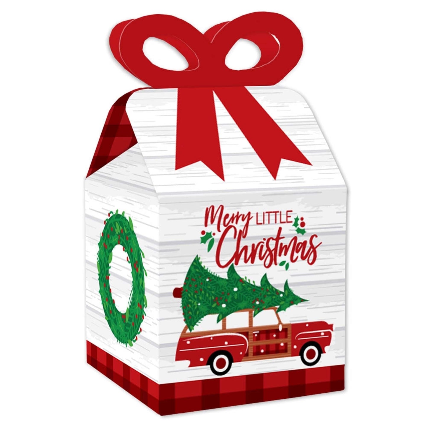 Merry Little Christmas Tree - Square Favor Gift Boxes - Red Car Christmas Party Bow Boxes - Set of 12
