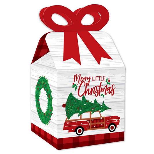 Merry Little Christmas Tree - Square Favor Gift Boxes - Red Car Christmas Party Bow Boxes - Set of 12