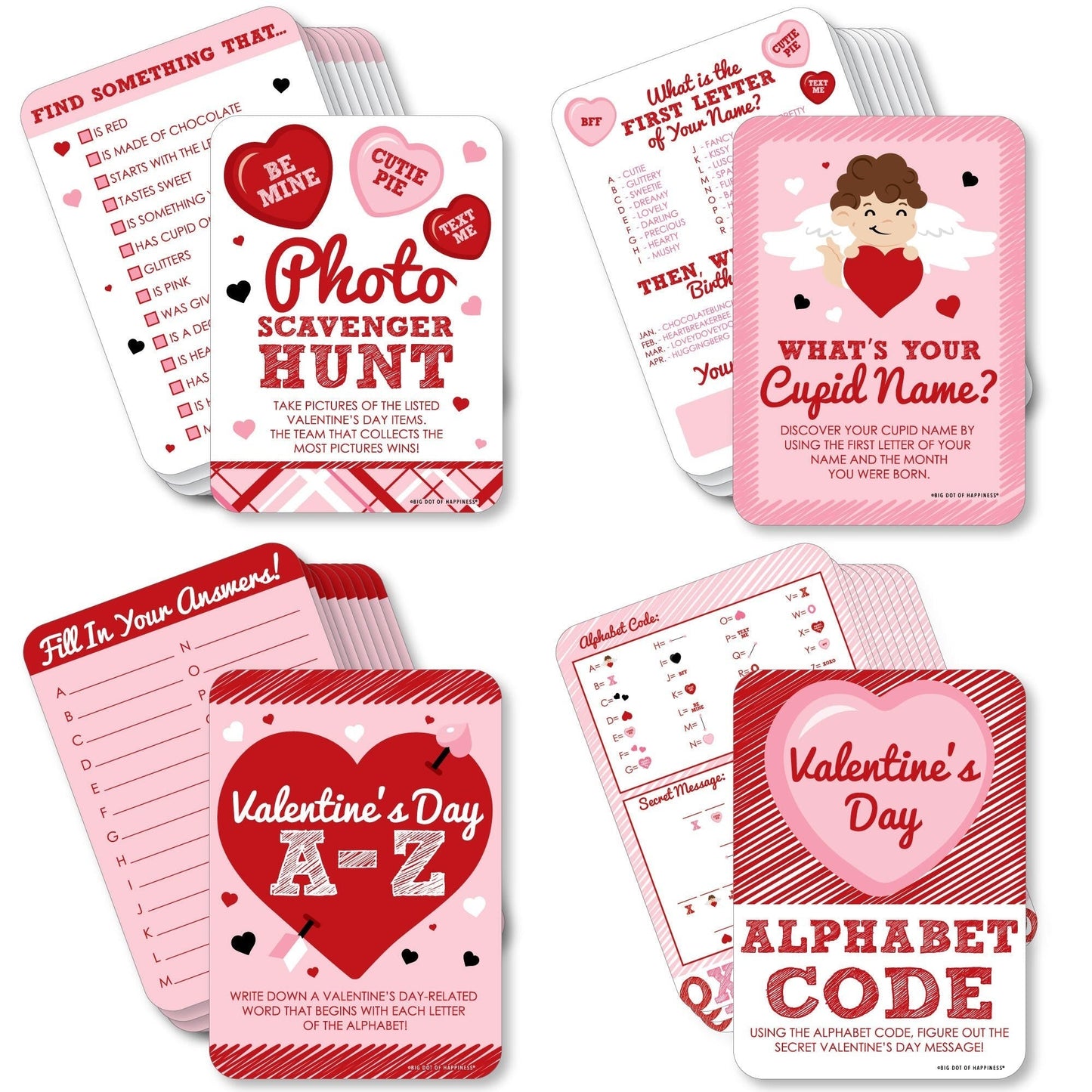 Conversation Hearts - 4 Valentine's Day Games - 10 Cards Each - A-Z, Alphabet Code, What's Your Cupid Name and Photo Scavenger Hunt - Gamerific Bundle