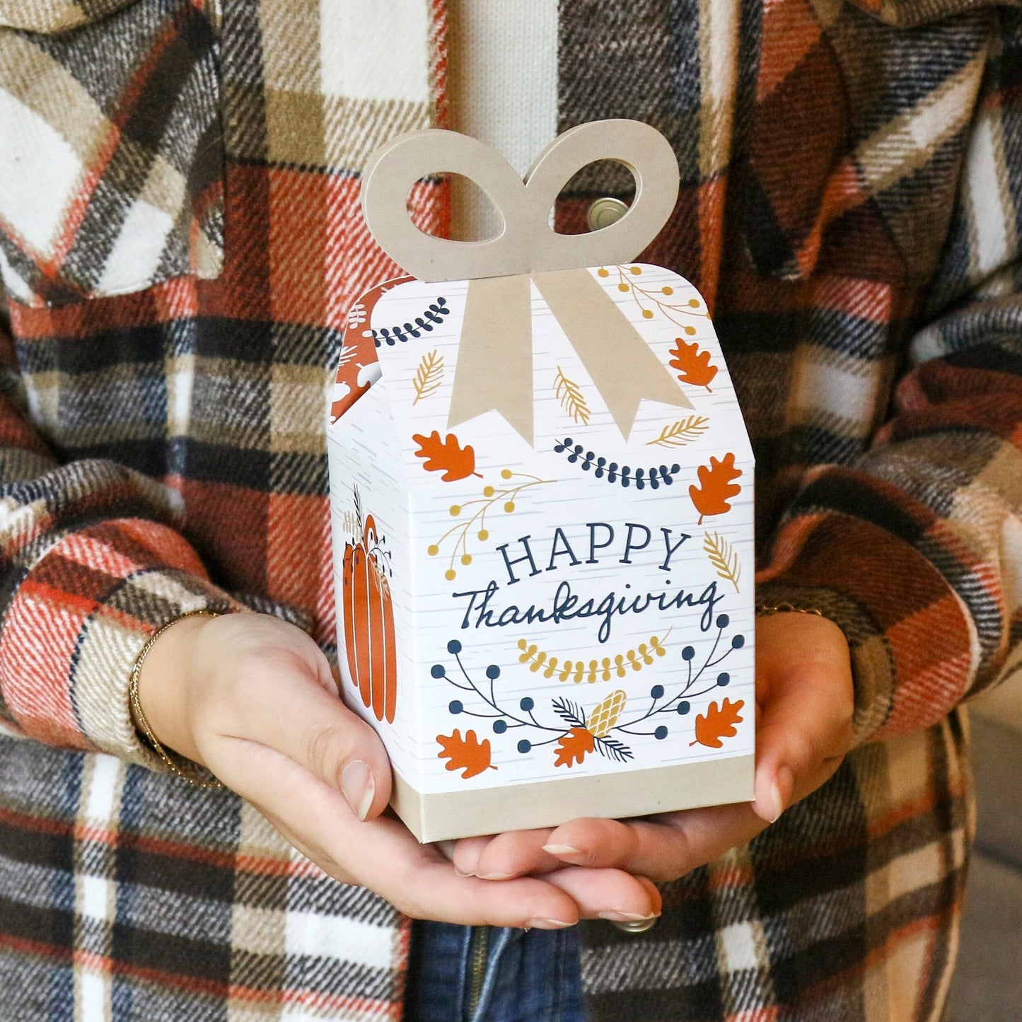 Happy Thanksgiving - Square Favor Gift Boxes - Fall Harvest Party Bow Boxes - Set of 12