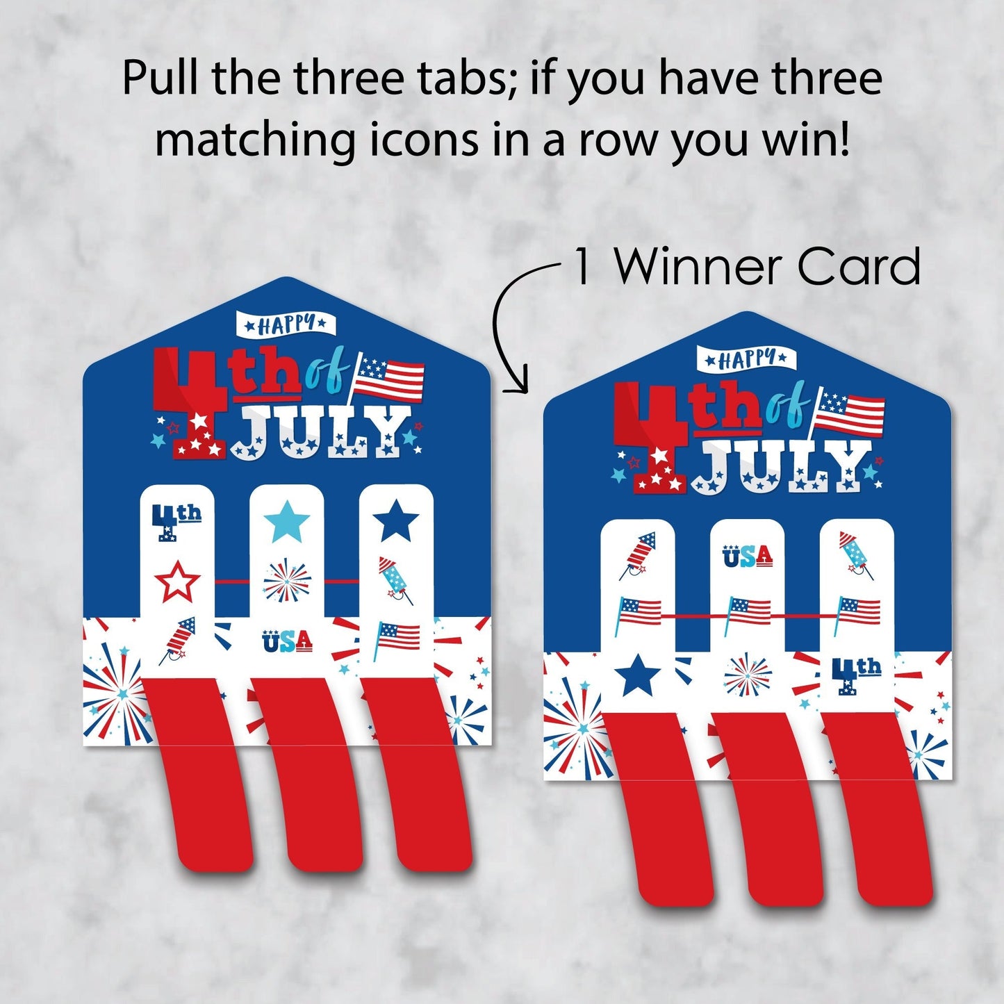 Firecracker 4th of July - Red, White and Royal Blue Party Game Pickle Cards - Pull Tabs 3-in-a-Row - Set of 12