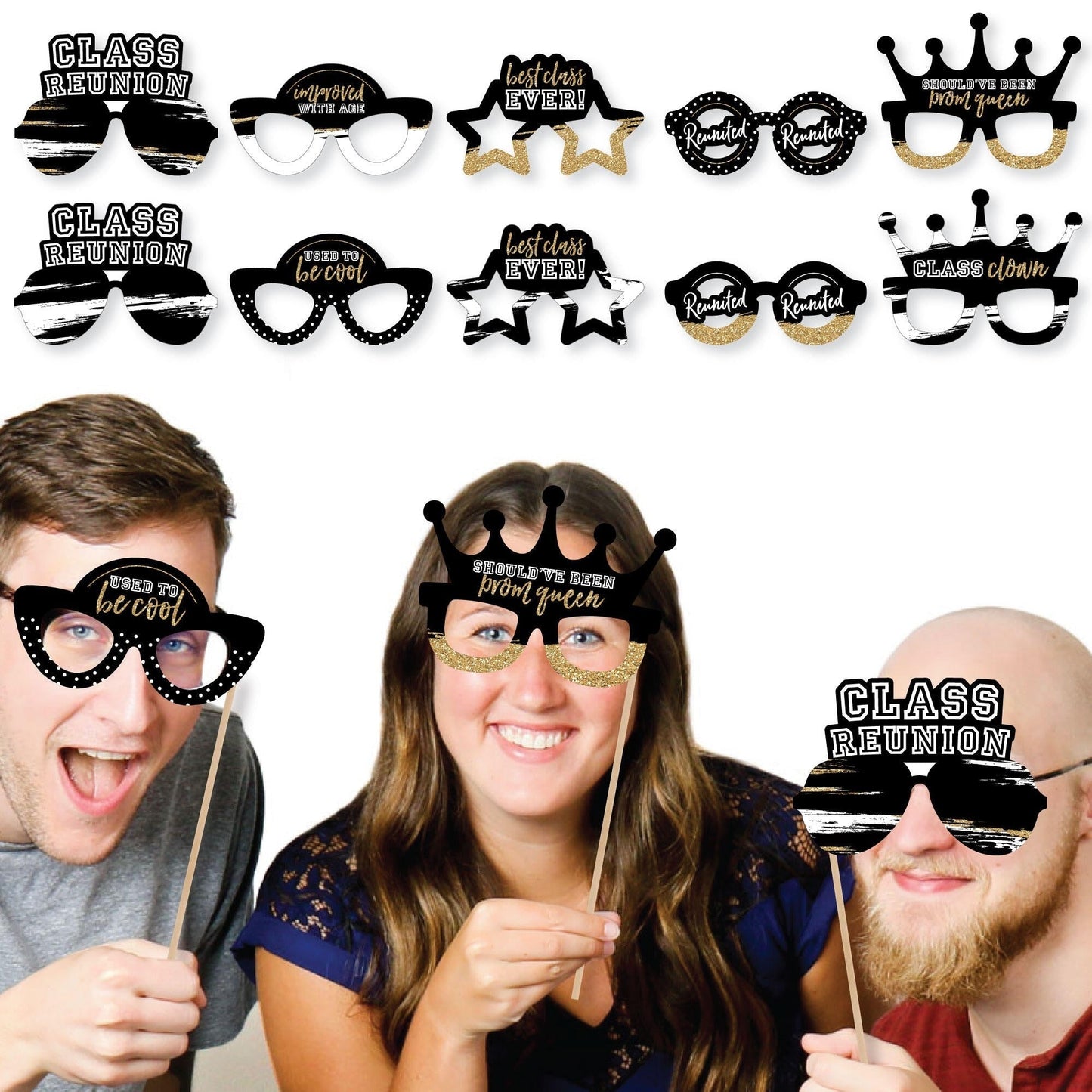 Reunited Glasses - Paper Card Stock School Class Reunion Party Photo Booth Props Kit - 10 Count