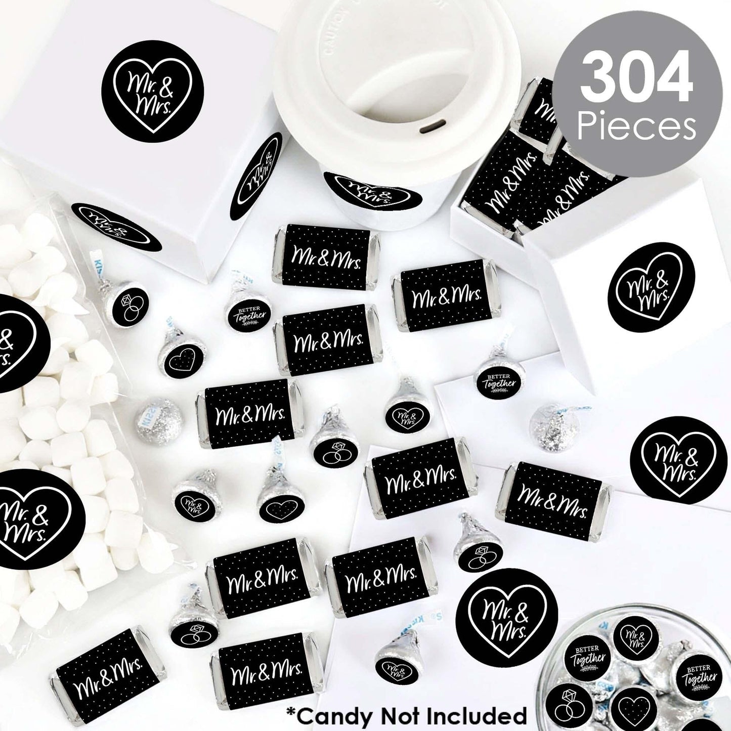 Mr. and Mrs. - Mini Candy Bar Wrappers, Round Candy Stickers and Circle Stickers - Black and White Wedding or Bridal Shower Candy Favor Sticker Kit - 304 Pieces