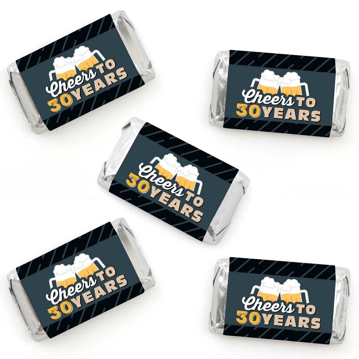 Cheers and Beers to 30 Years - Mini Candy Bar Wrapper Stickers - 30th Birthday Party Small Favors - 40 Count