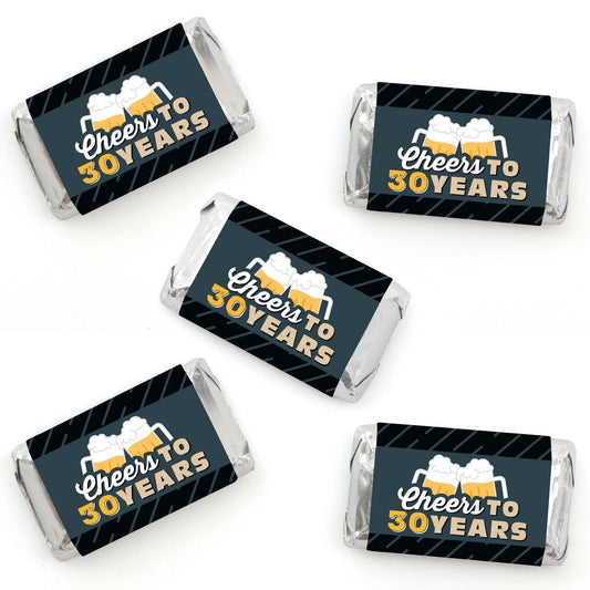 Cheers and Beers to 30 Years - Mini Candy Bar Wrapper Stickers - 30th Birthday Party Small Favors - 40 Count