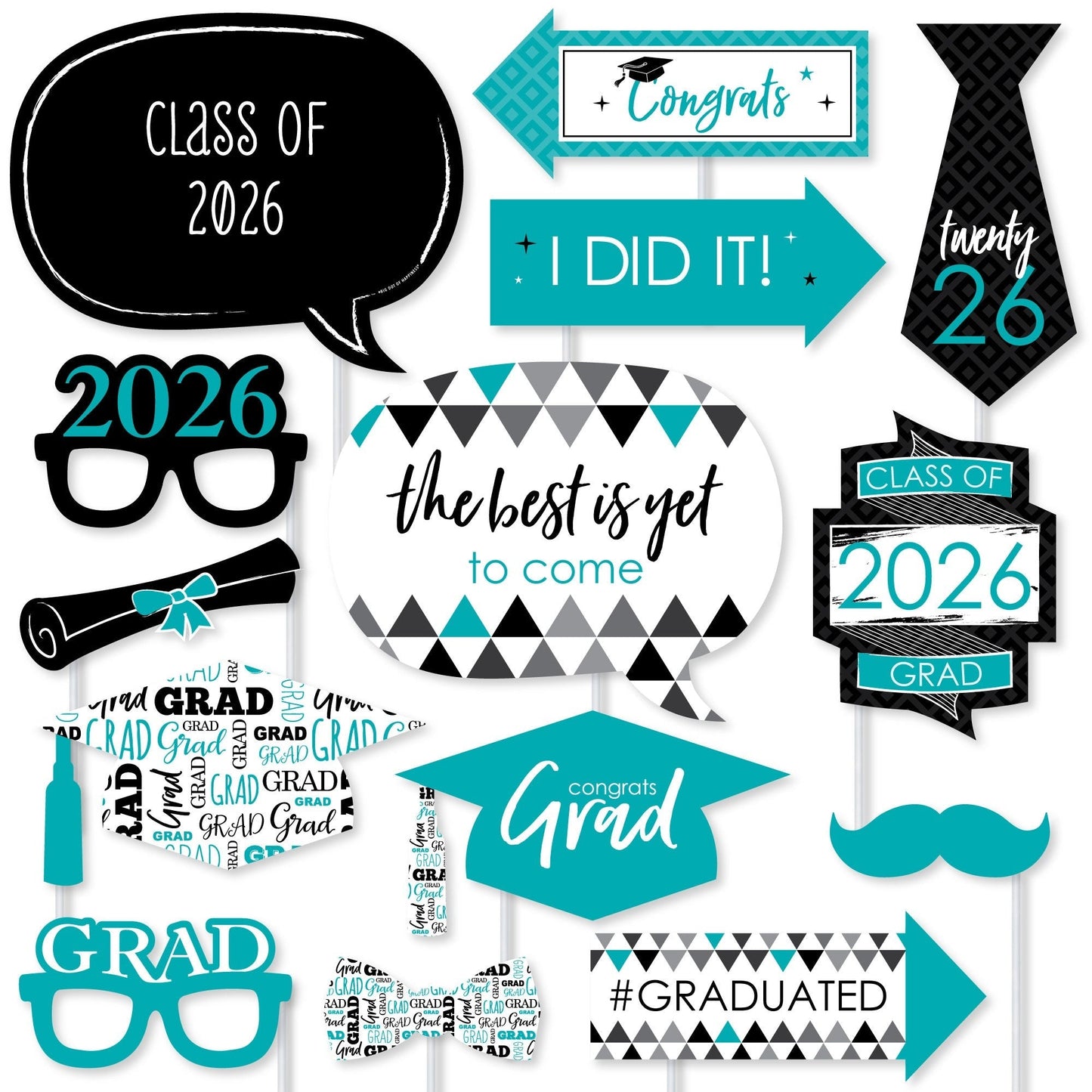 Teal Grad - 2026 Graduation Party Photo Booth Props Kit - 20 Count