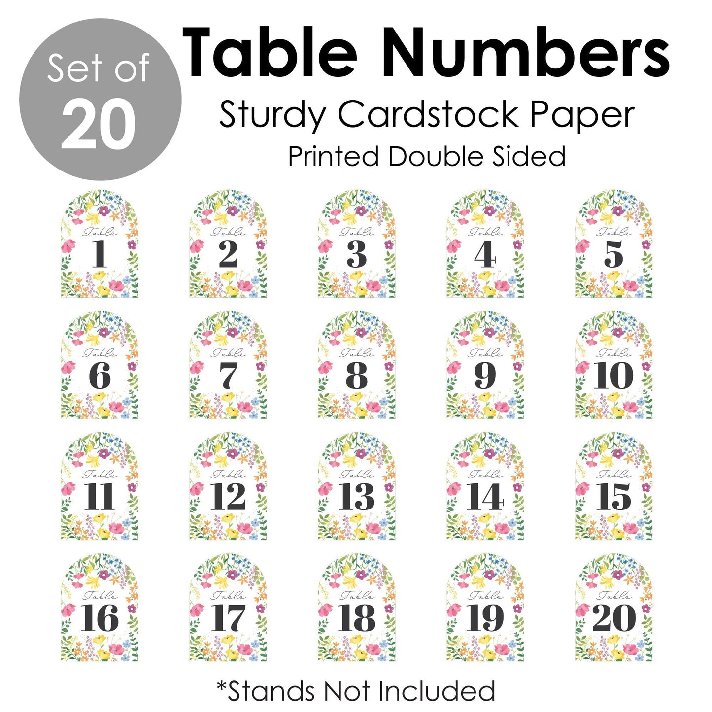 Wildflowers Bride - Boho Floral Bridal Shower and Wedding Party Double-Sided 5 x 7 inches Cards - Table Numbers - 1-20