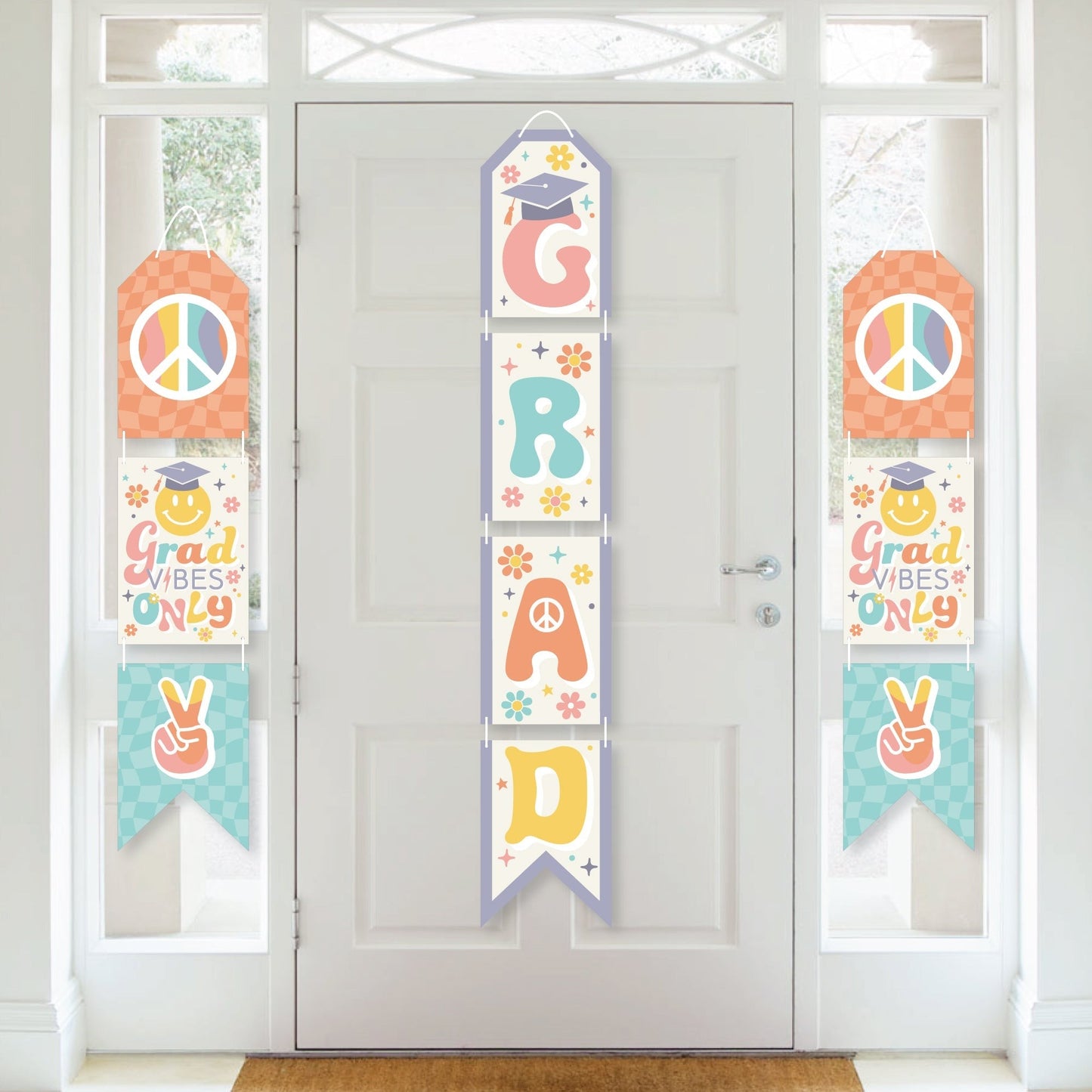 Groovy Grad - Hanging Vertical Paper Door Banners - Hippie Graduation Party Wall Decoration Kit - Indoor Door Decor
