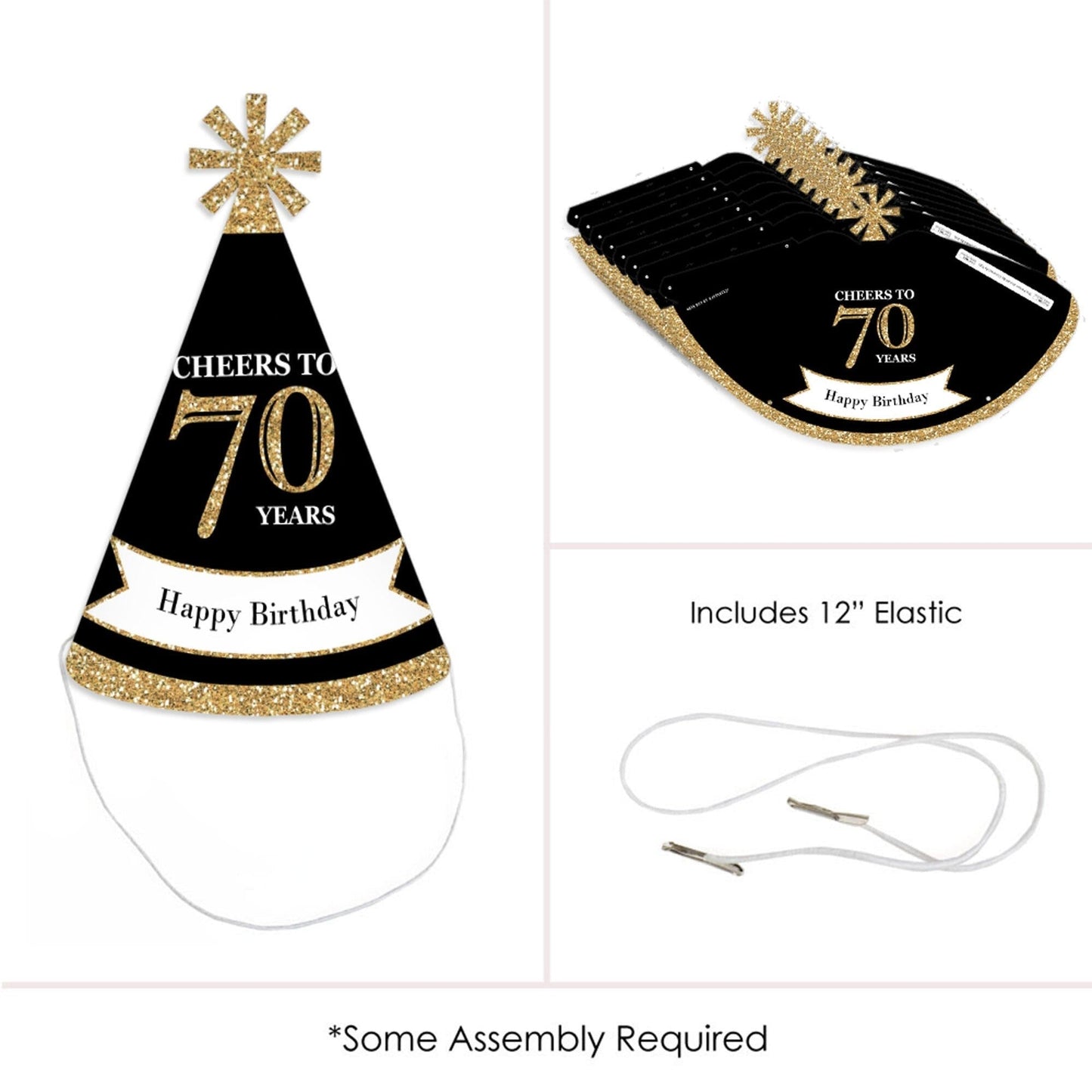Adult 70th Birthday - Gold - Cone Birthday Party Hats for Adults - Set of 8 (Standard Size)