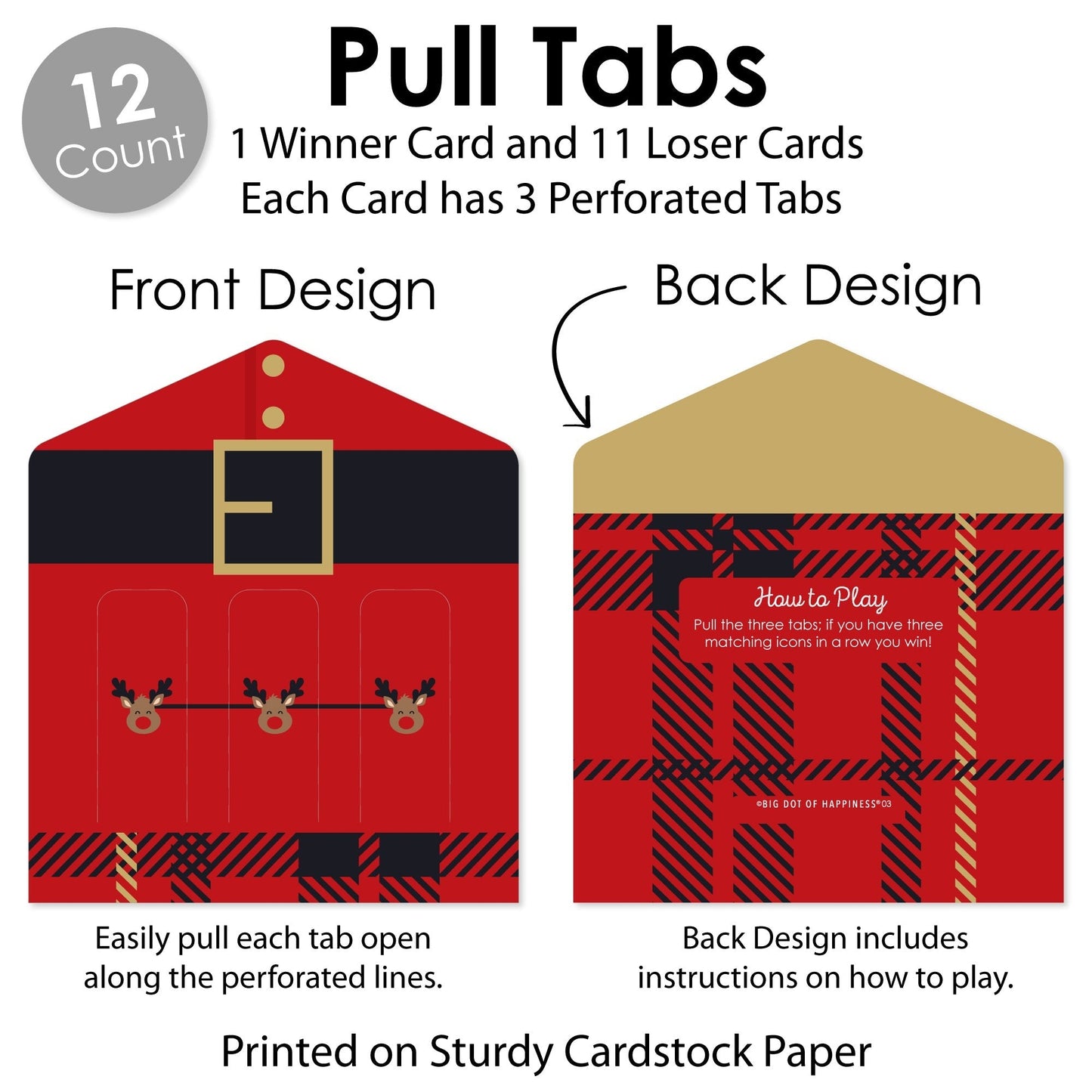 Jolly Santa Claus - Christmas Party Game Pickle Cards - Pull Tabs 3-in-a-Row - Set of 12