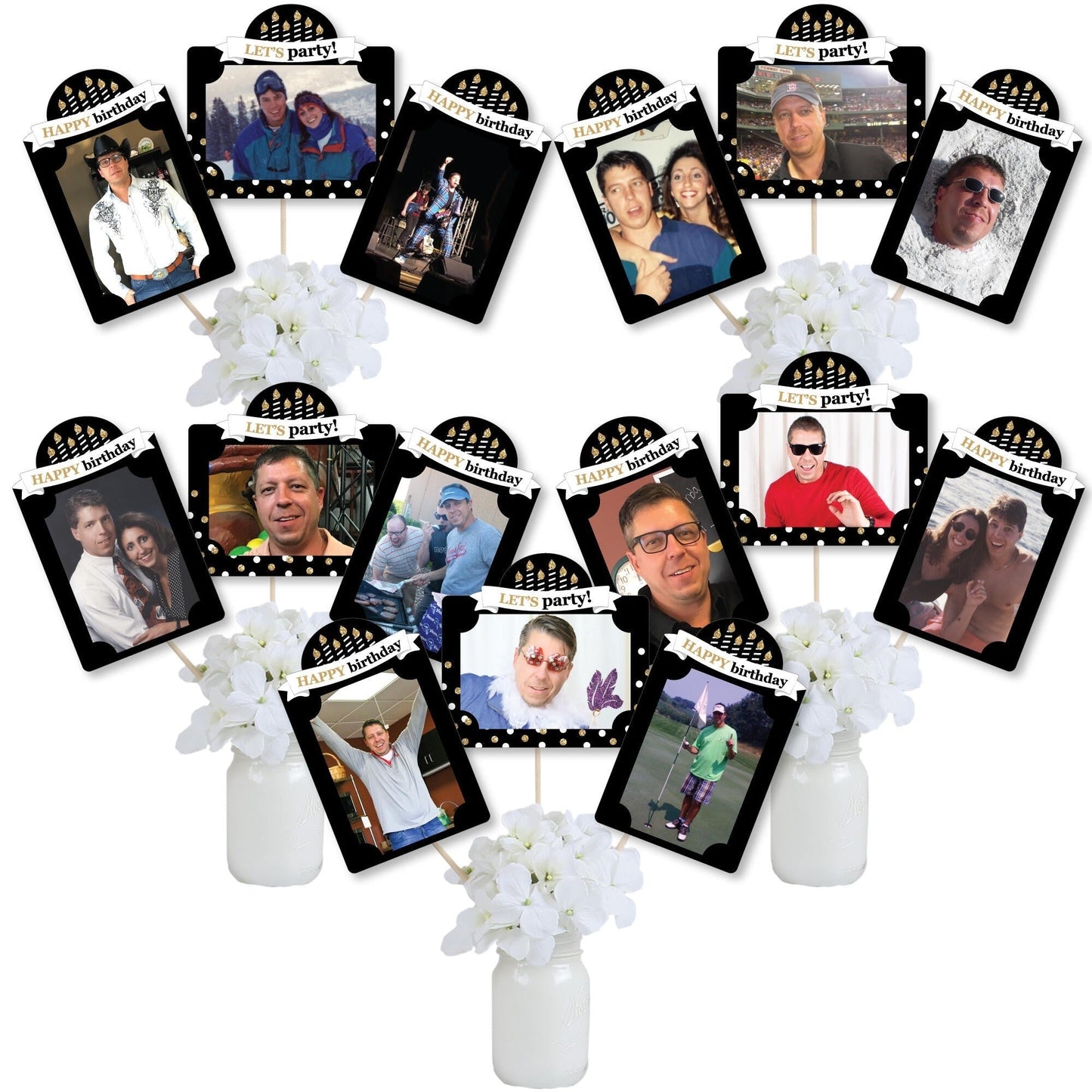 Adult Happy Birthday - Gold - Birthday Party Picture Centerpiece Sticks - Photo Table Toppers - 15 Pieces