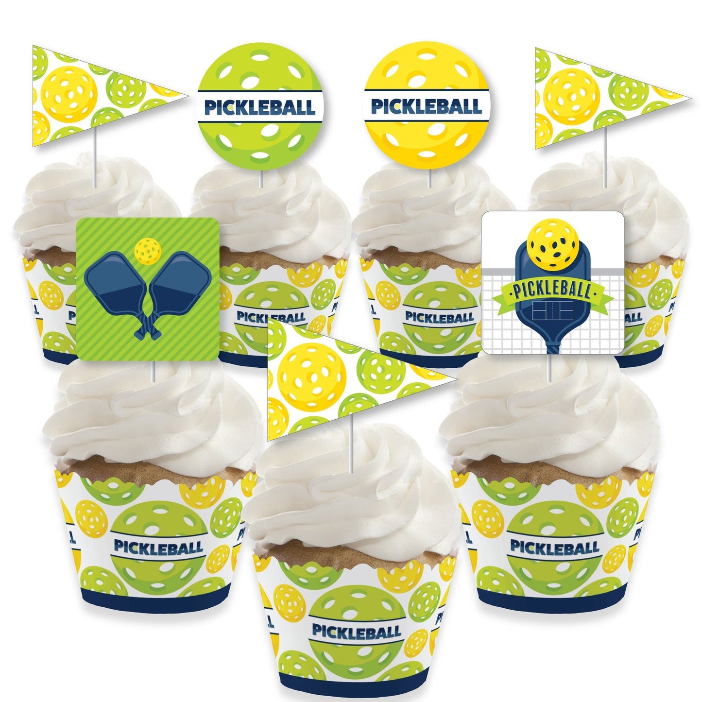 Let's Rally - Pickleball - Cupcake Decoration - Birthday or Retirement Party Cupcake Wrappers and Treat Picks Kit - Set of 24