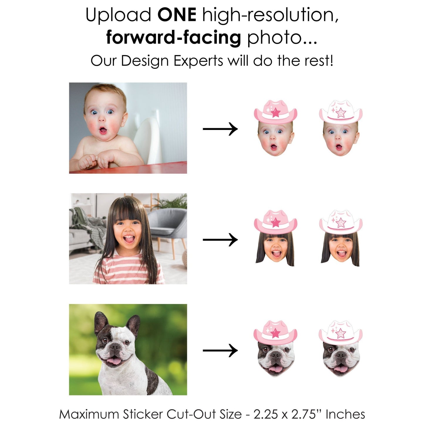 Custom Photo Pink First Rodeo Fun Face Cut-Out Stickers - Set of 24