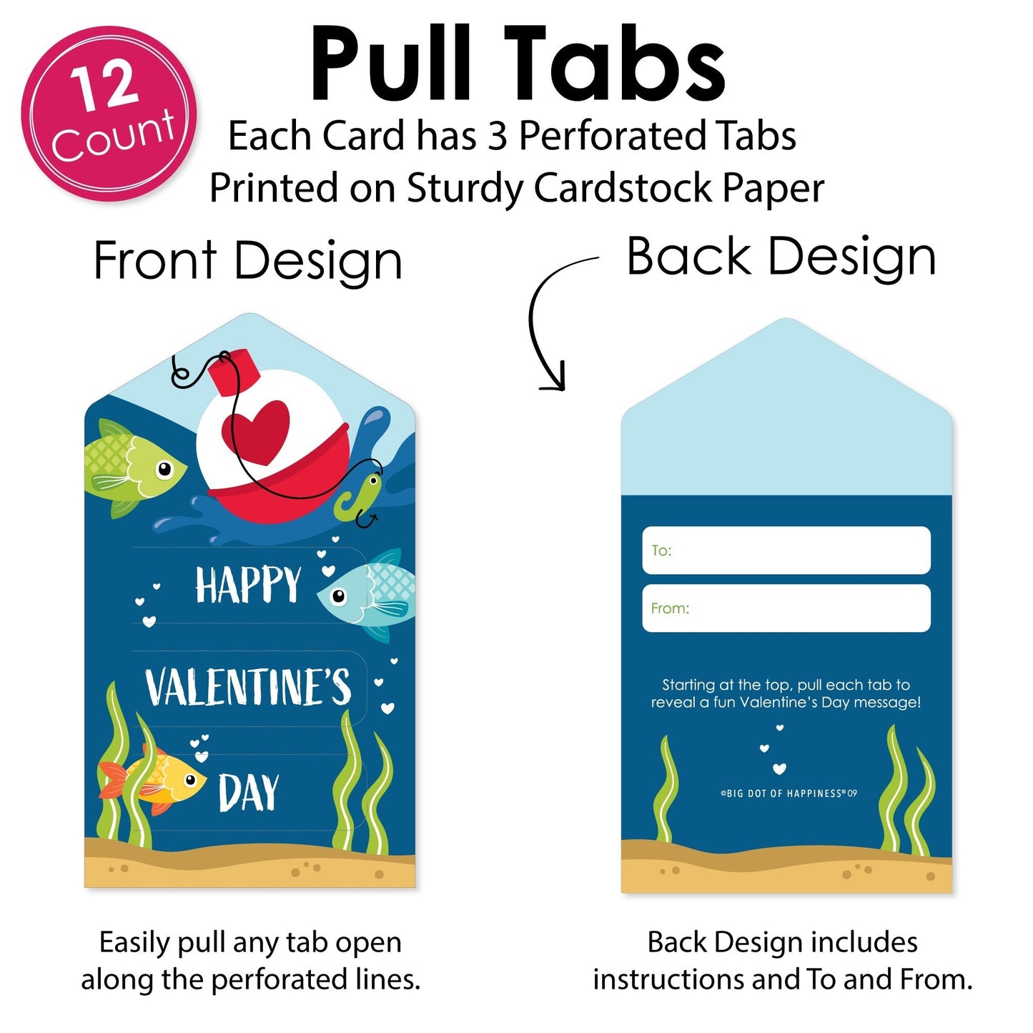 Let's Go Fishing - Fish Cards for Kids - Happy Valentine’s Day Pull Tabs - Set of 12
