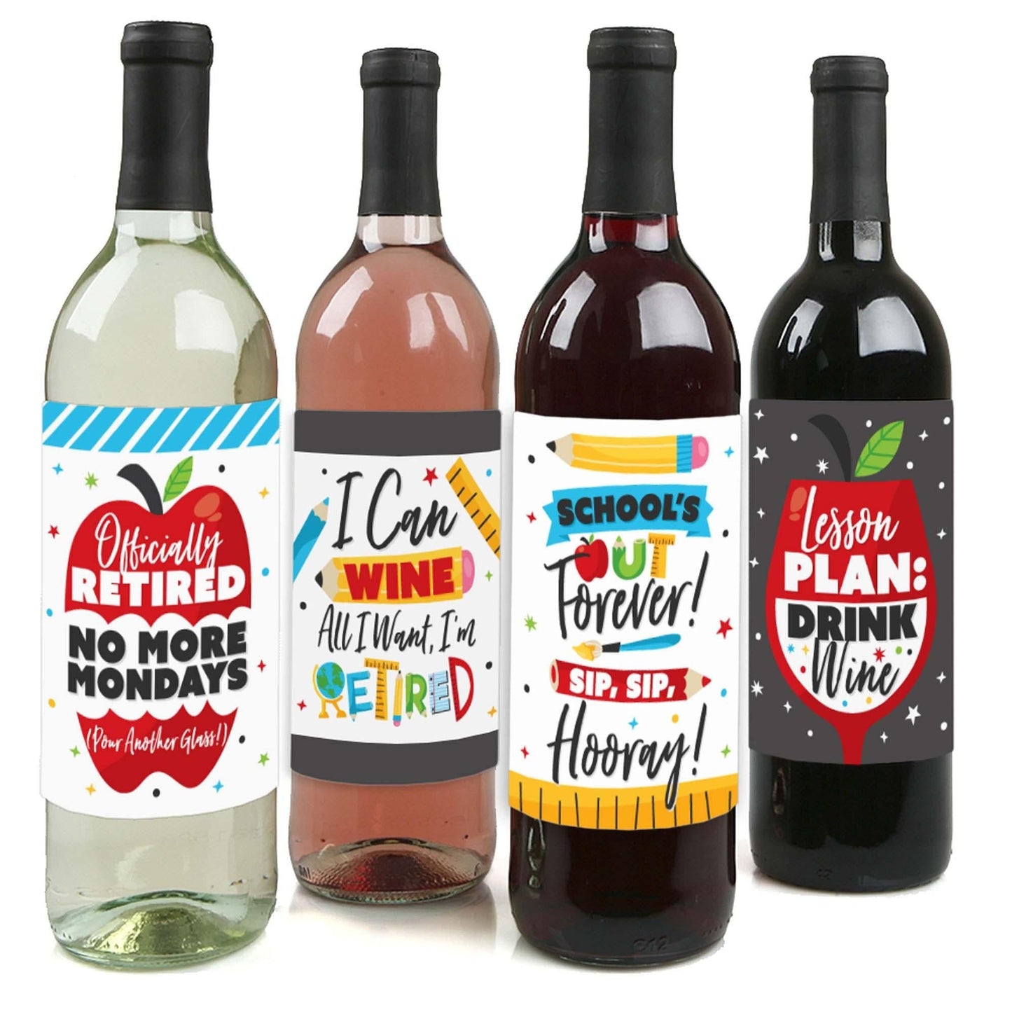Teacher Retirement - Happy Retirement Party Decorations for Women and Men - Wine Bottle Label Stickers - Set of 4