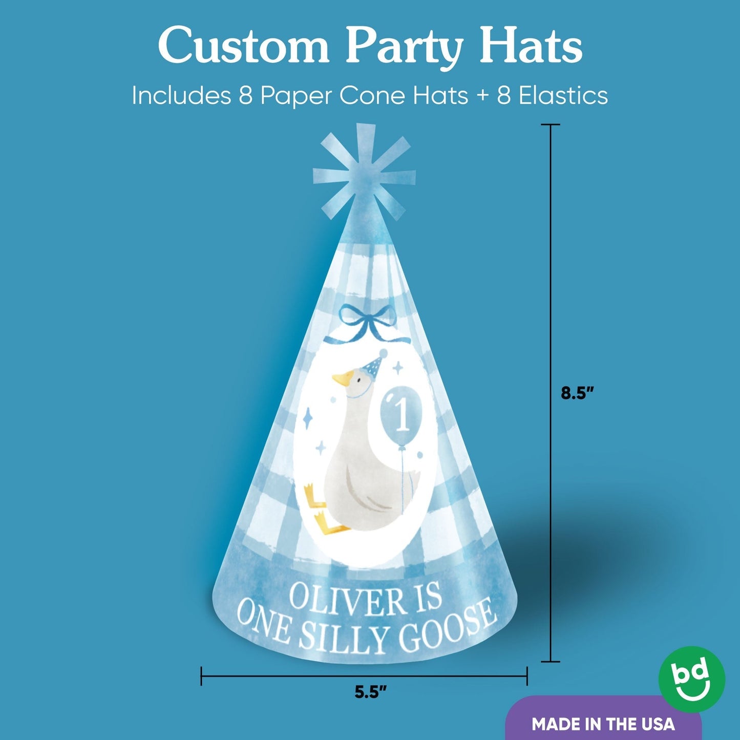 Custom Text One Silly Goose Blue Cone Hat - 8 Ct