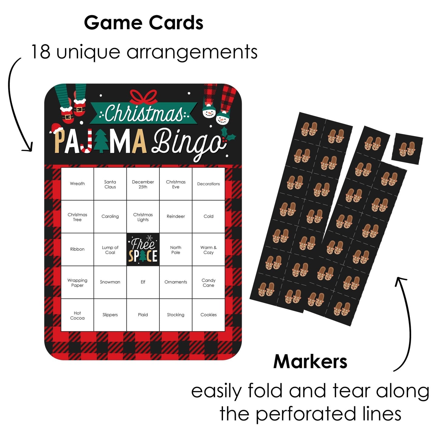 Christmas Pajamas - Bingo Cards and Markers - Holiday Plaid PJ Party Bingo Game - Set of 18