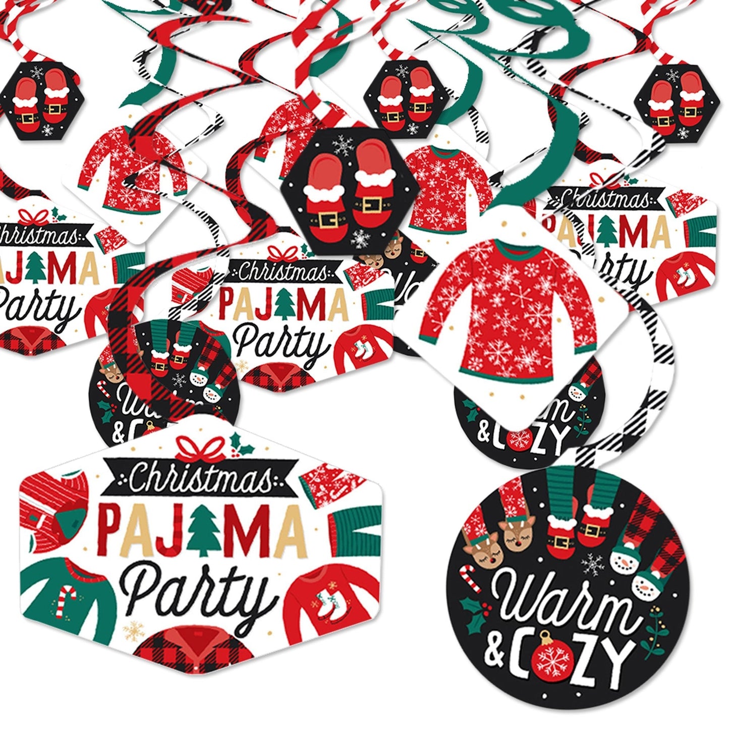 Christmas Pajamas - Holiday Plaid PJ Party Hanging Decor - Party Decoration Swirls - Set of 40
