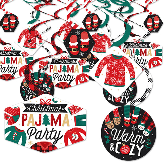 Christmas Pajamas - Holiday Plaid PJ Party Hanging Decor - Party Decoration Swirls - Set of 40