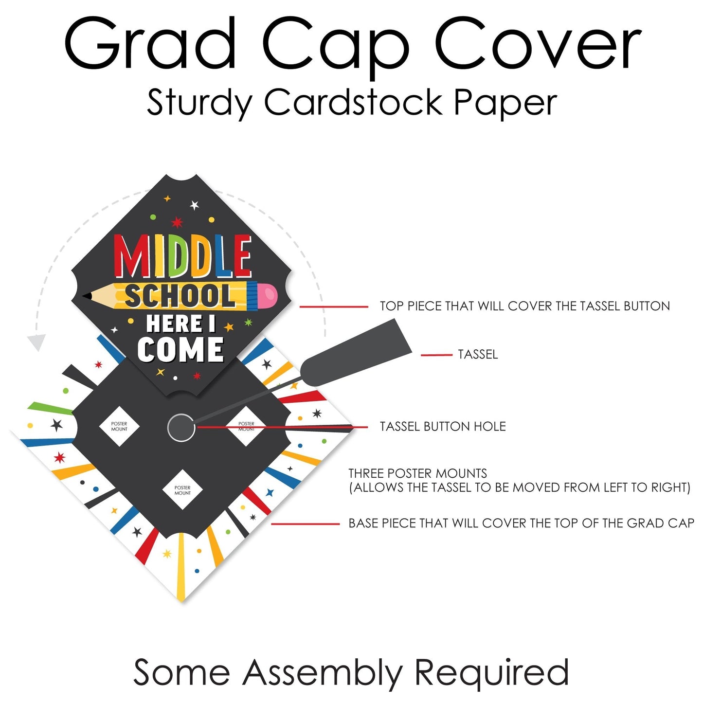 Middle School Here I Come - Elementary Graduation Cap Decorations Kit - Grad Cap Cover