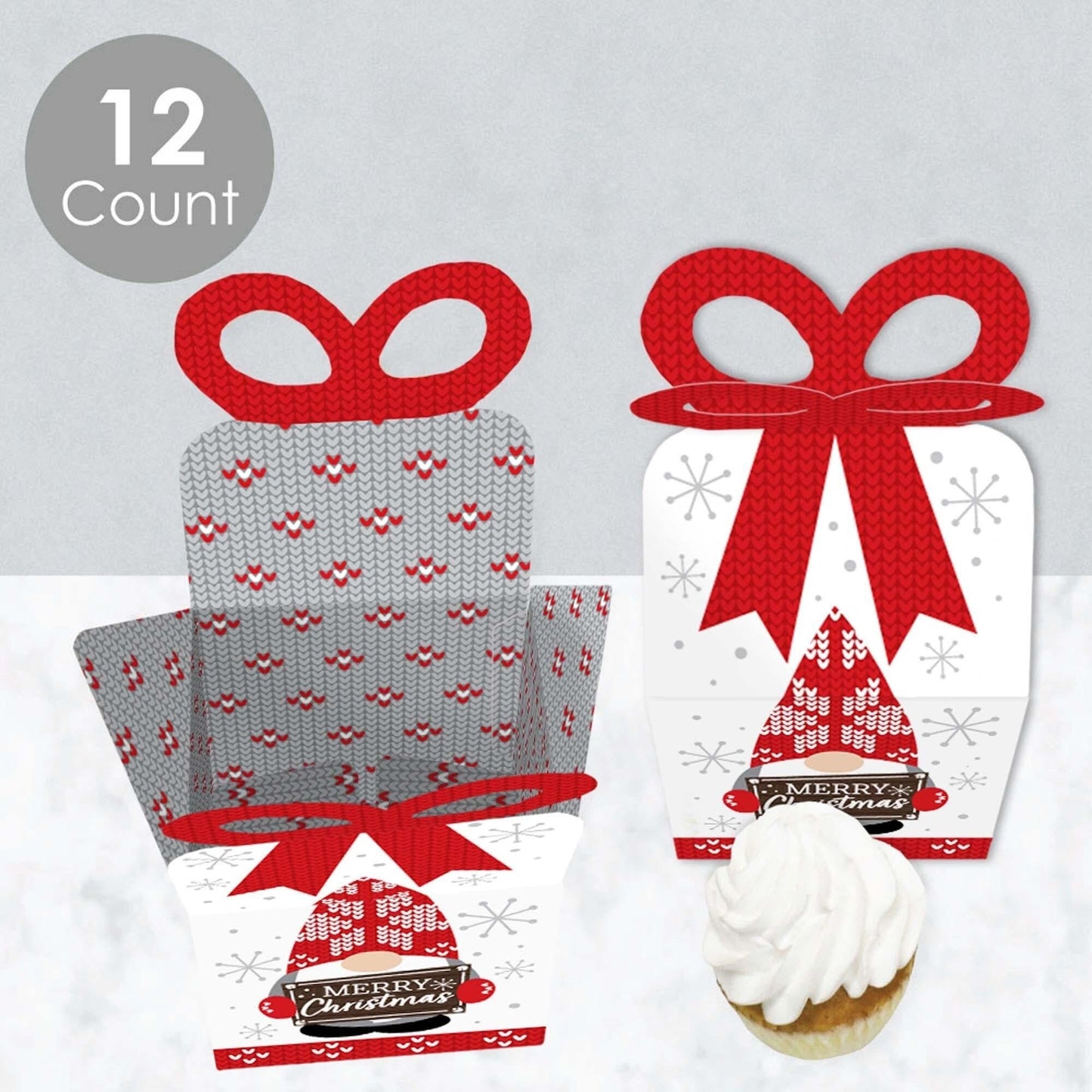 Christmas Gnomes - Square Favor Gift Boxes - Holiday Party Bow Boxes - Set of 12