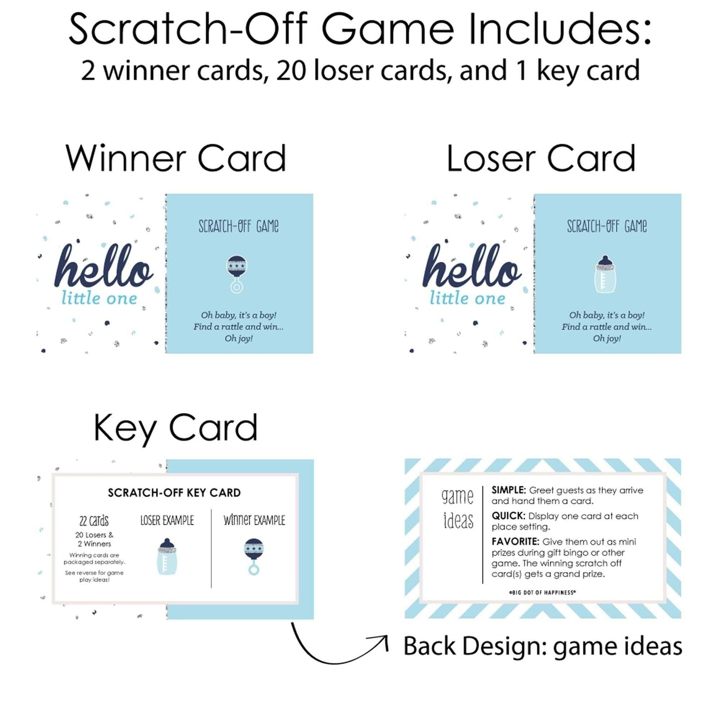 Hello Little One - Blue and Silver - Boy Baby Shower Game Scratch Off Cards - 22 ct