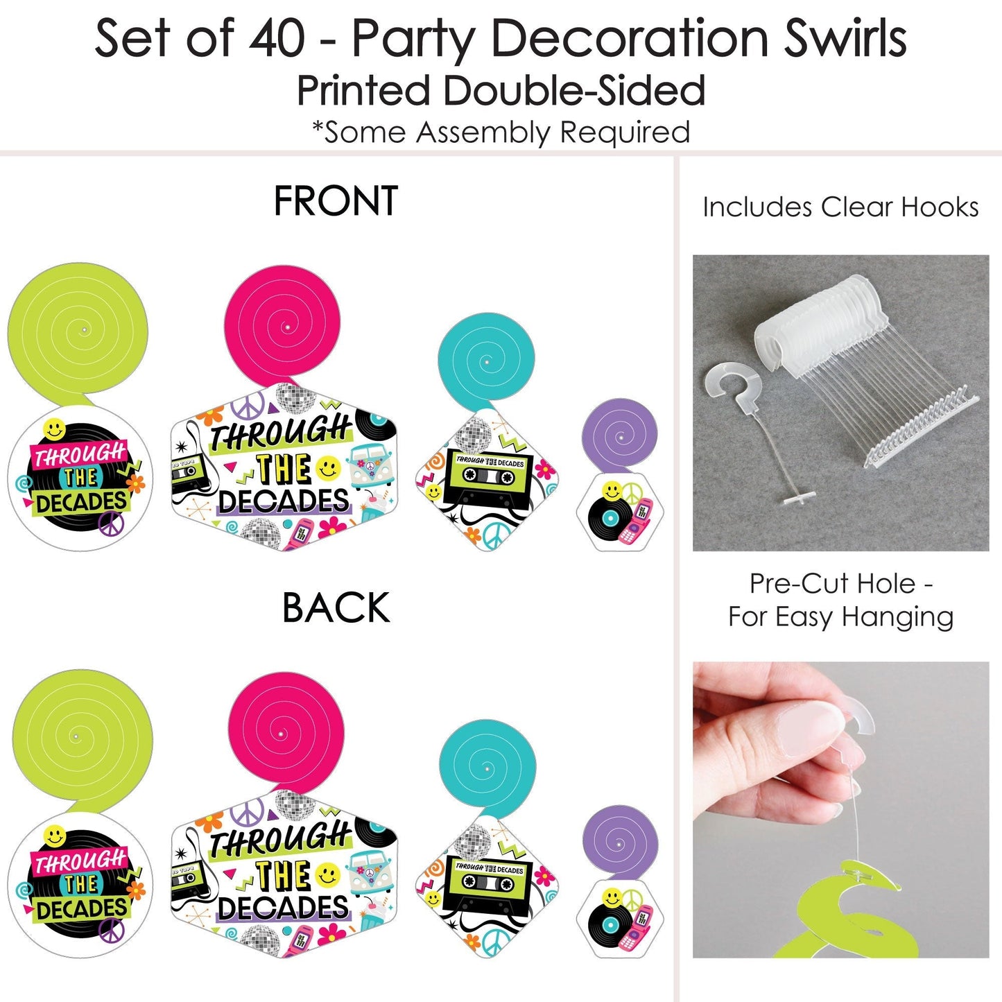 Through the Decades - 50s, 60s, 70s, 80s, and 90s Party Hanging Decor - Party Decoration Swirls - Set of 40
