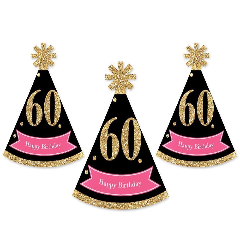 Chic 60th Birthday - Pink, Black and Gold - Mini Cone Birthday Party Hats - Small Little Party Hats - Set of 8