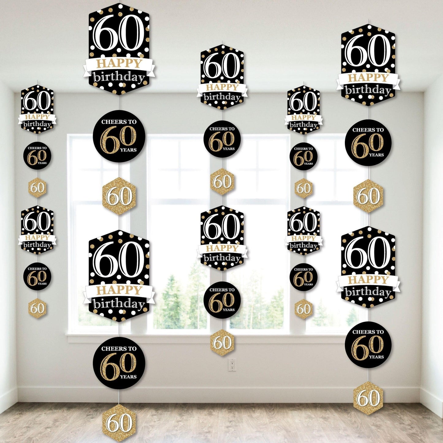 Adult 60th Birthday - Gold - Birthday Party DIY Dangler Backdrop - Hanging Vertical Decorations - 30 Pieces
