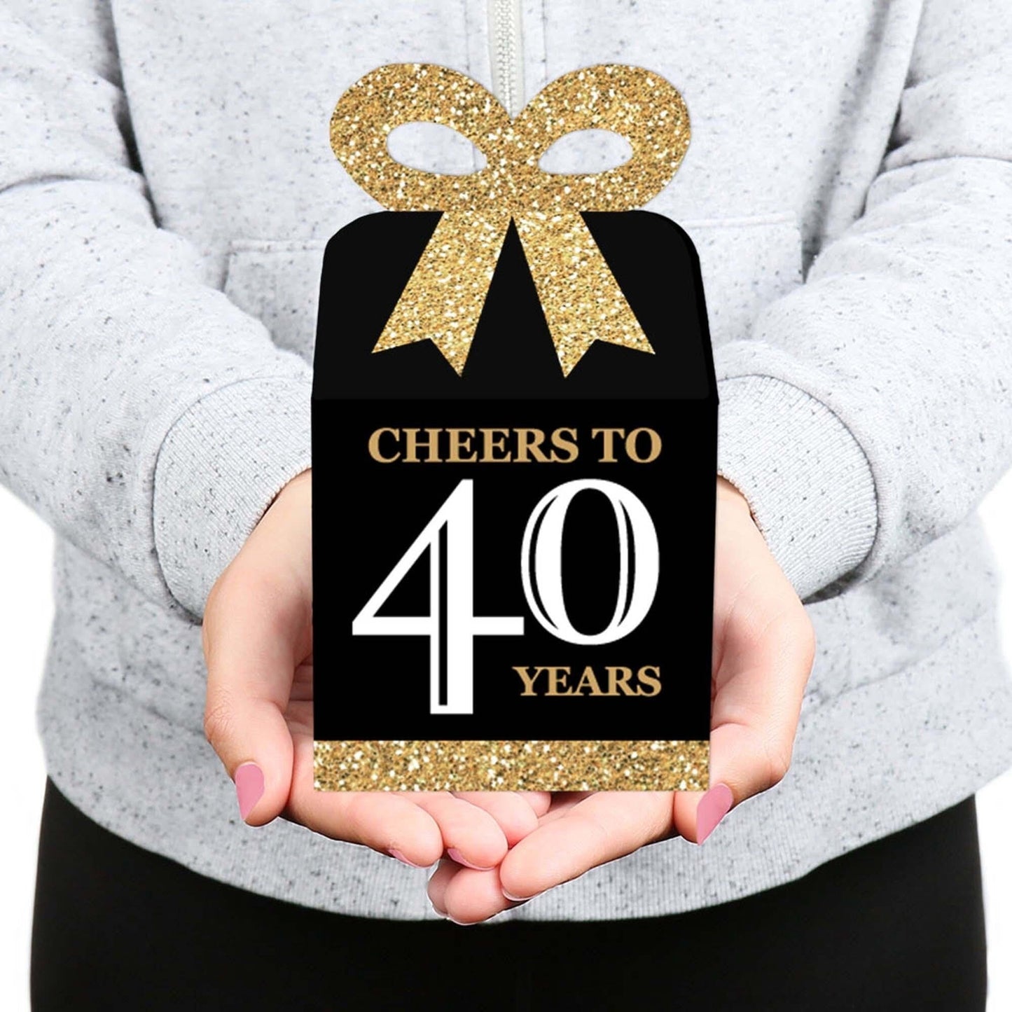 Adult 40th Birthday - Gold - Square Favor Gift Boxes - Birthday Party Bow Boxes - Set of 12