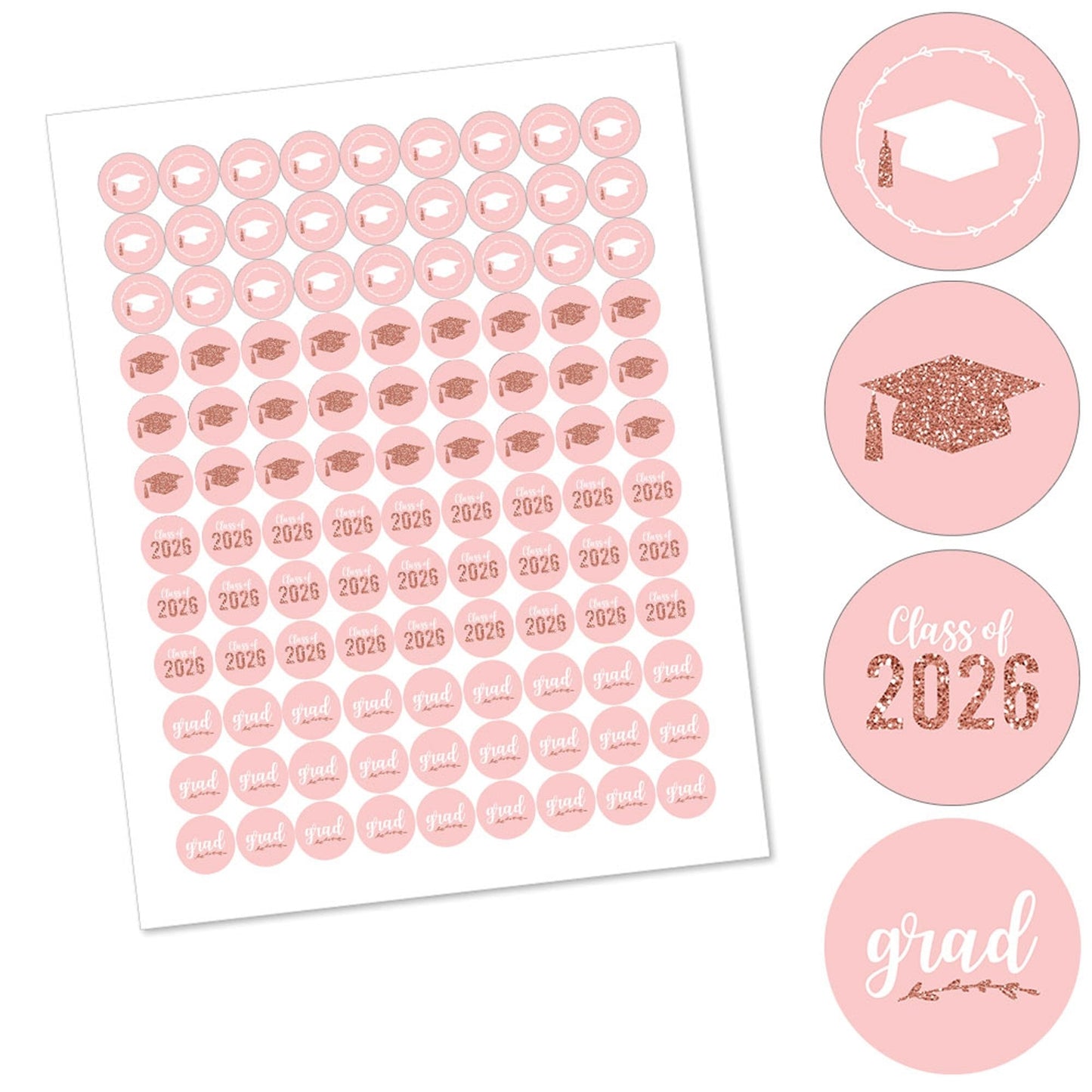Rose Gold Grad - Round Candy Labels 2026 Graduation Party Favors - Fits Hershey's Kisses 108 ct