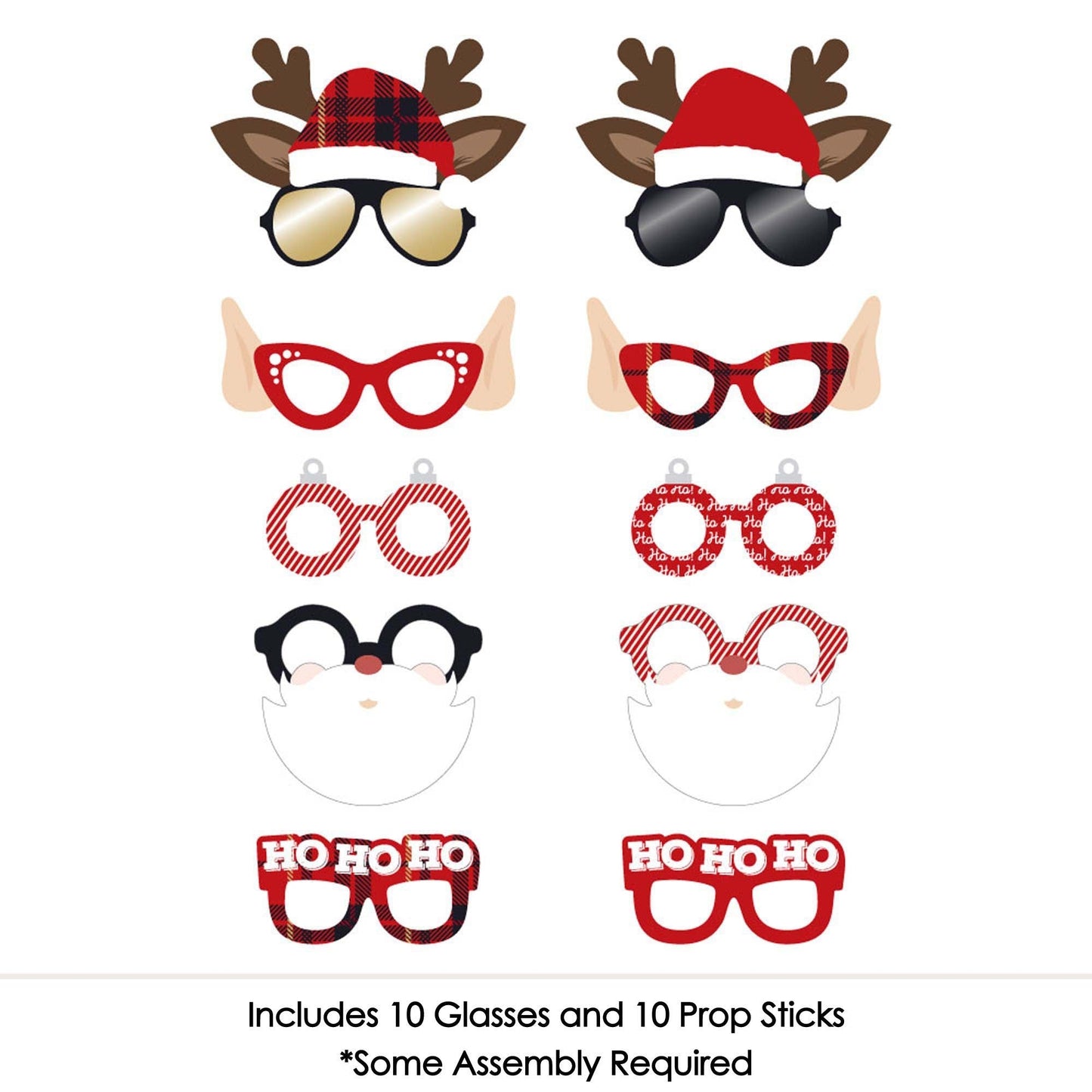 Jolly Santa Claus Glasses and Masks - Paper Card Stock Christmas Party Photo Booth Props Kit - 10 Count