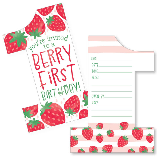 Berry First Birthday - Sweet Strawberry - Shaped Fill-In Invitations - Fruit 1st Birthday Party Invitation Cards with Envelopes - Set of 12