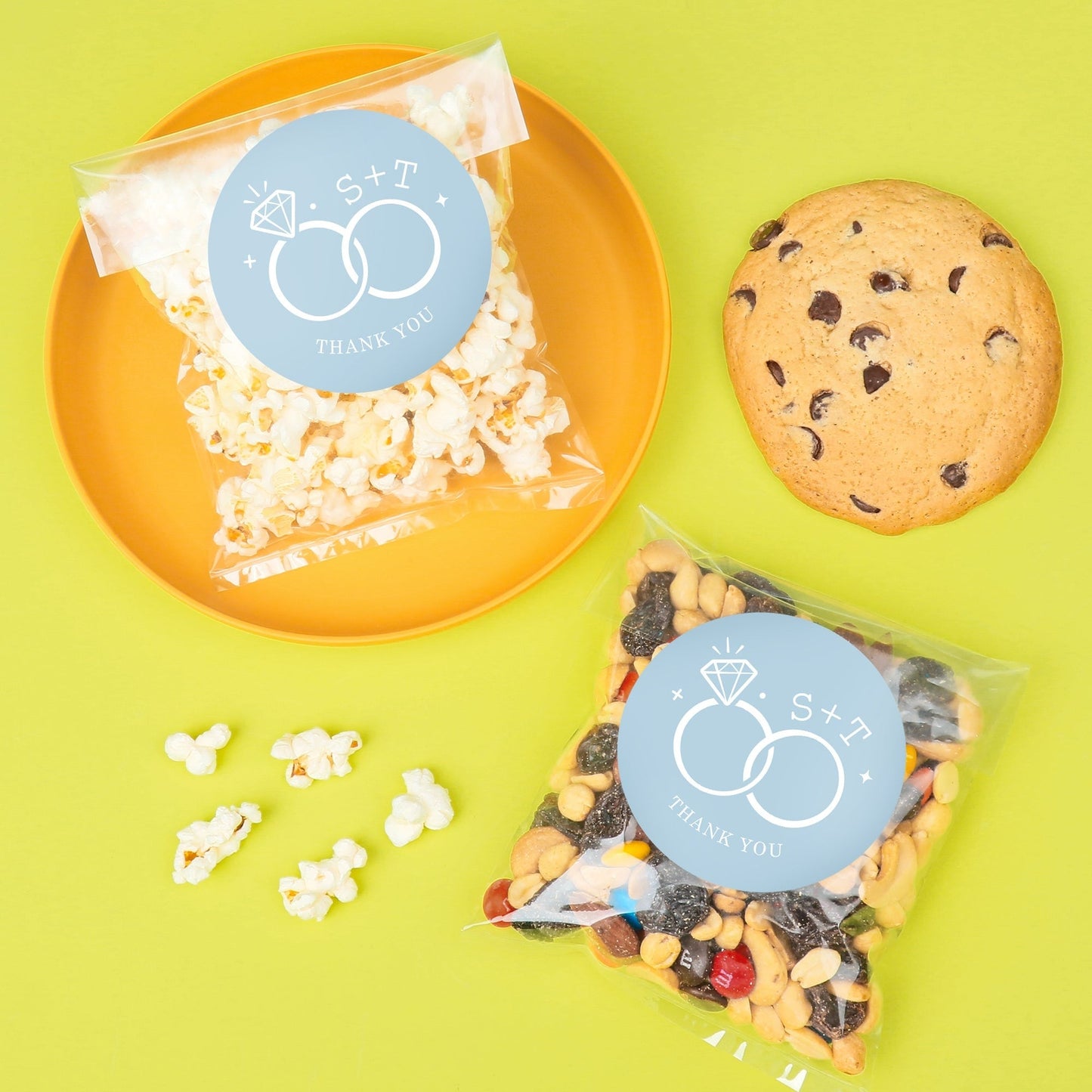 Custom Text Stickers & Clear Cookie Bags - Dusty Blue Wedding Rings