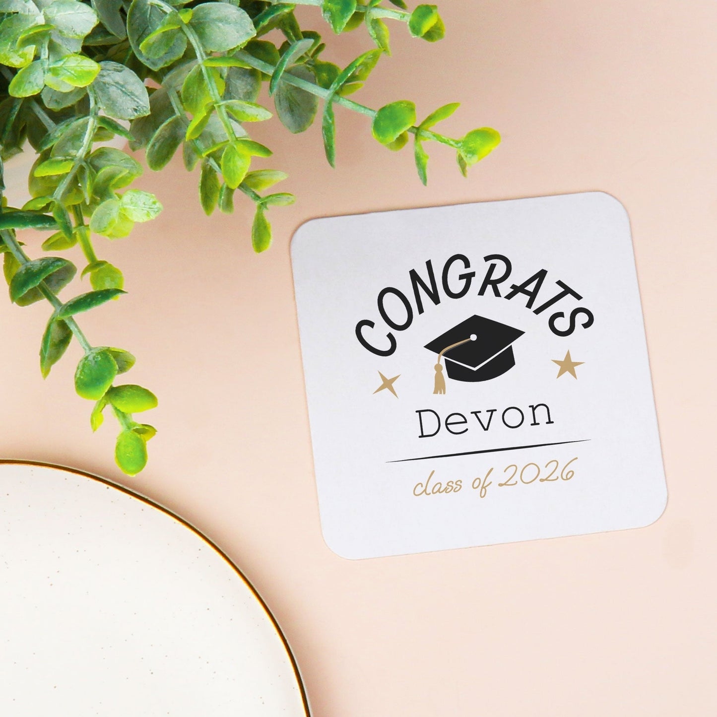 Custom Text Coasters - Black and Gold Graduation - 100 Ct