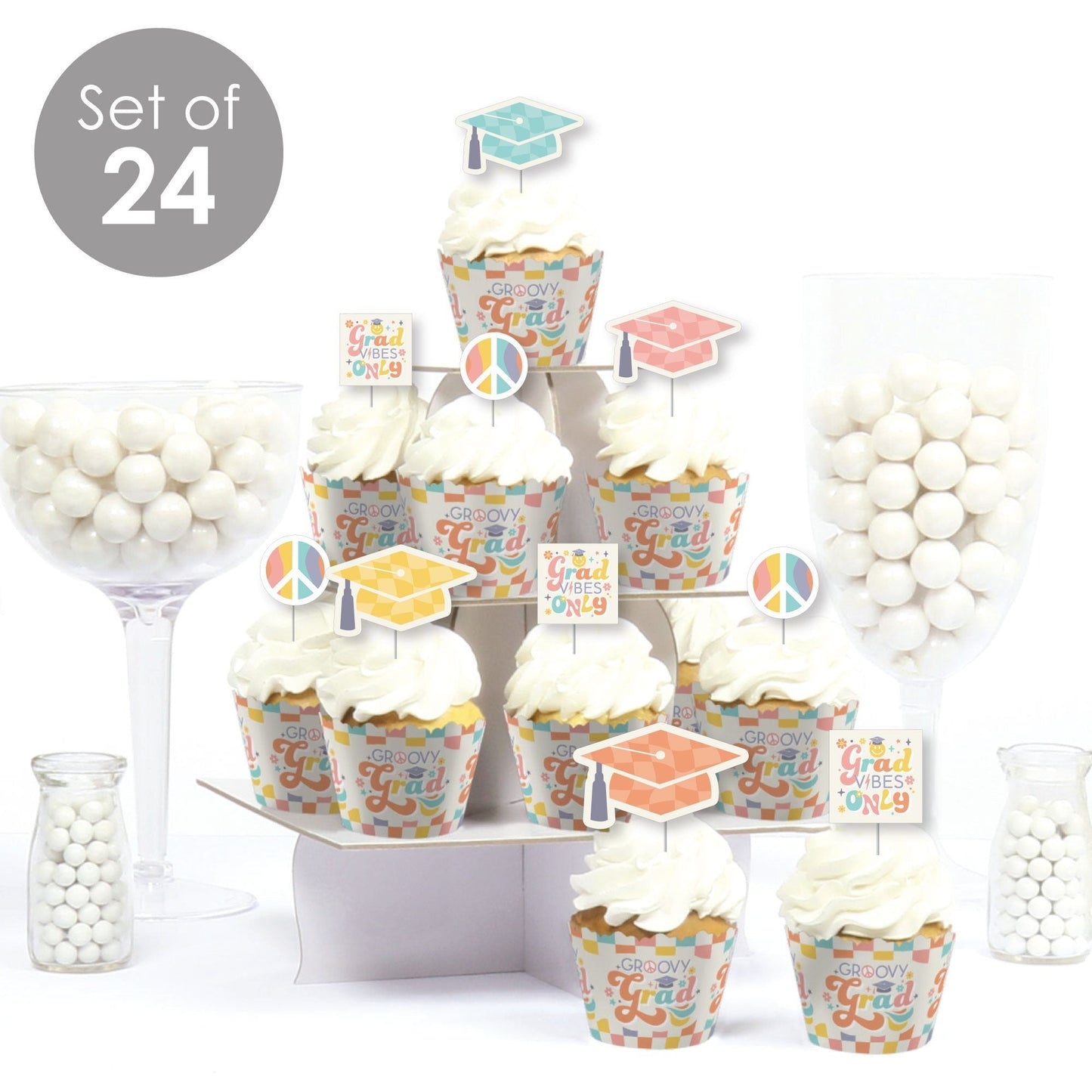 Groovy Grad - Cupcake Decoration - Hippie Graduation Party Cupcake Wrappers and Treat Picks Kit - Set of 24
