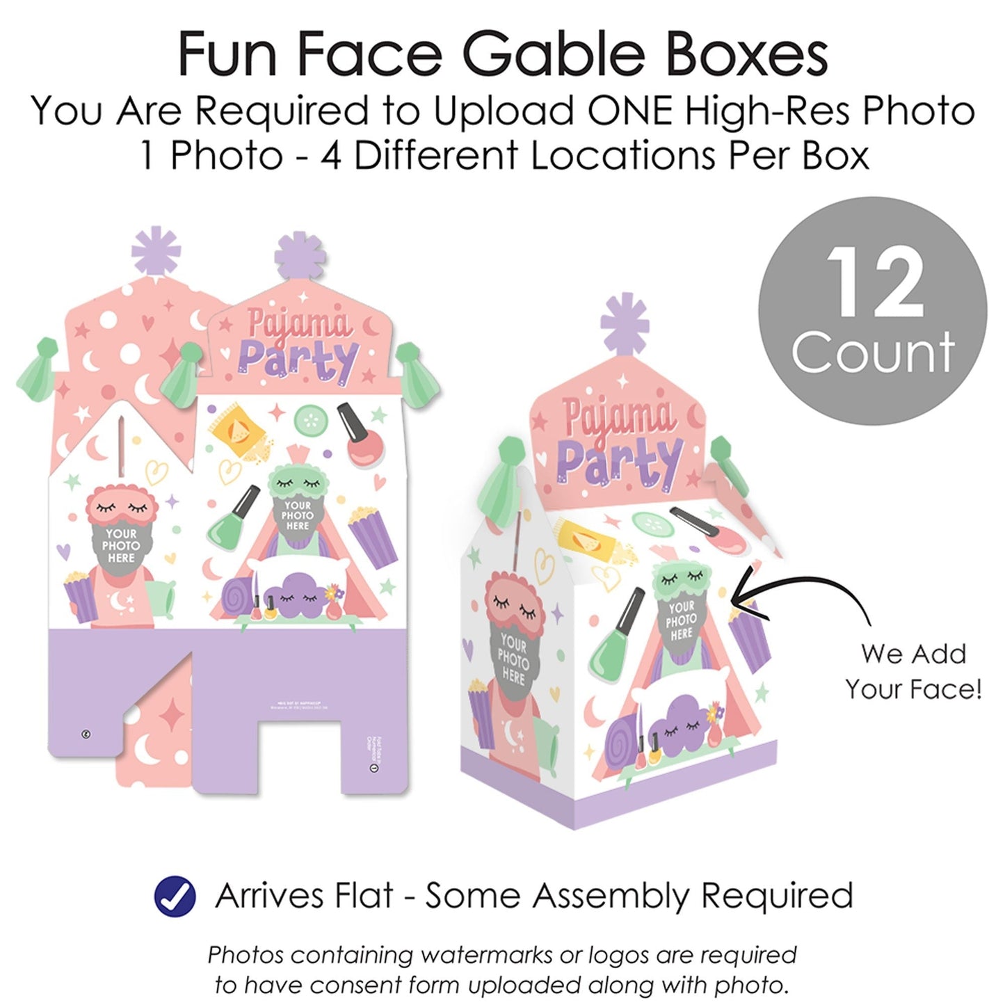 Custom Photo Pajama Slumber Party - Girls Sleepover Birthday Treat Box Party Favors - Fun Face Goodie Gable Boxes - Set of 12