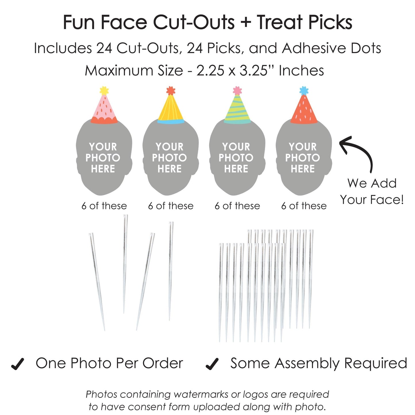 Custom Photo Party Time - Happy Birthday Party Dessert Cupcake Toppers - Fun Face Clear Treat Picks - Set of 24