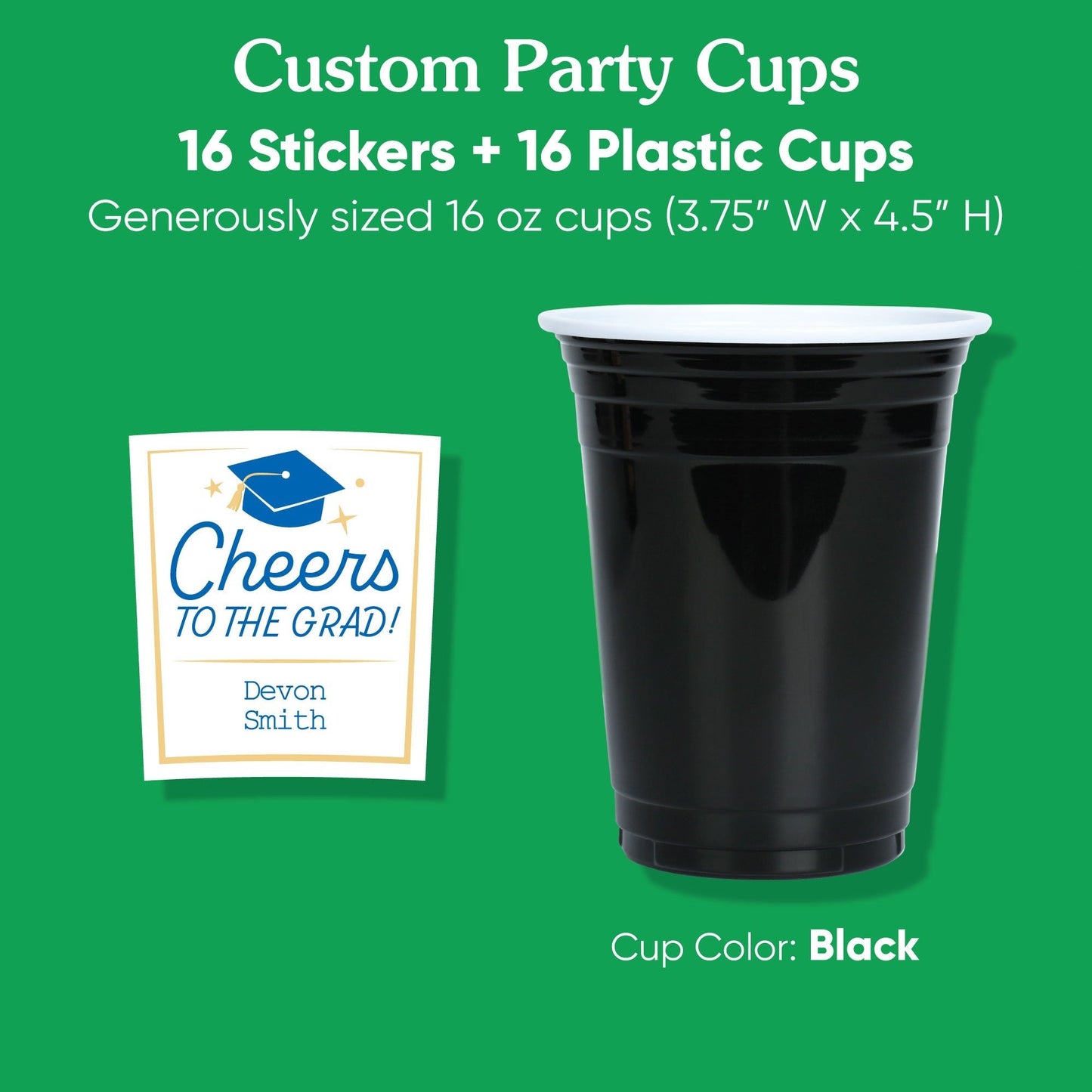 Custom Text Party Cups - Blue Graduation - 16 Ct