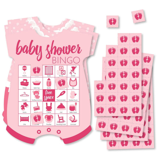 Baby Girl - Picture Bingo Cards and Markers - Pink Baby Shower Shaped Bingo Game - Set of 18