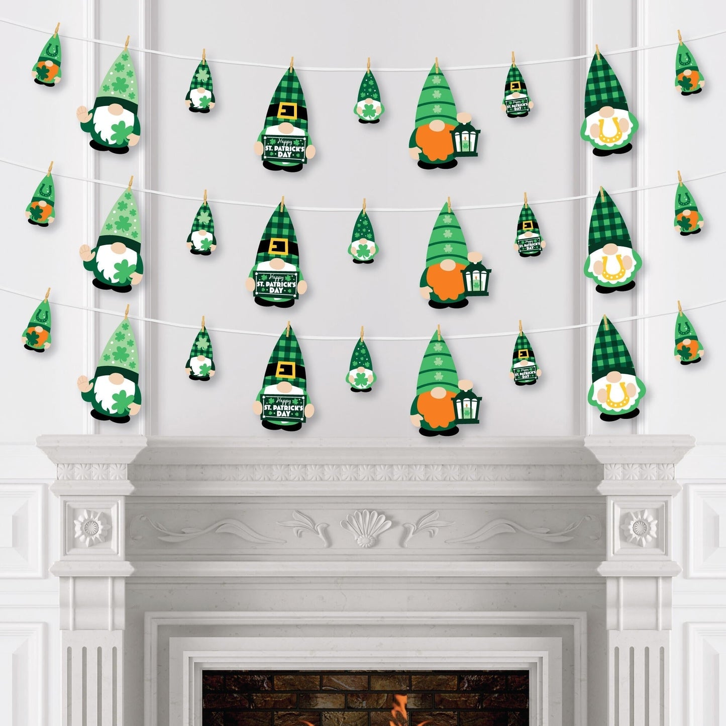 Irish Gnomes - St. Patrick's Day Party DIY Decorations - Clothespin Garland Banner - 44 Pieces
