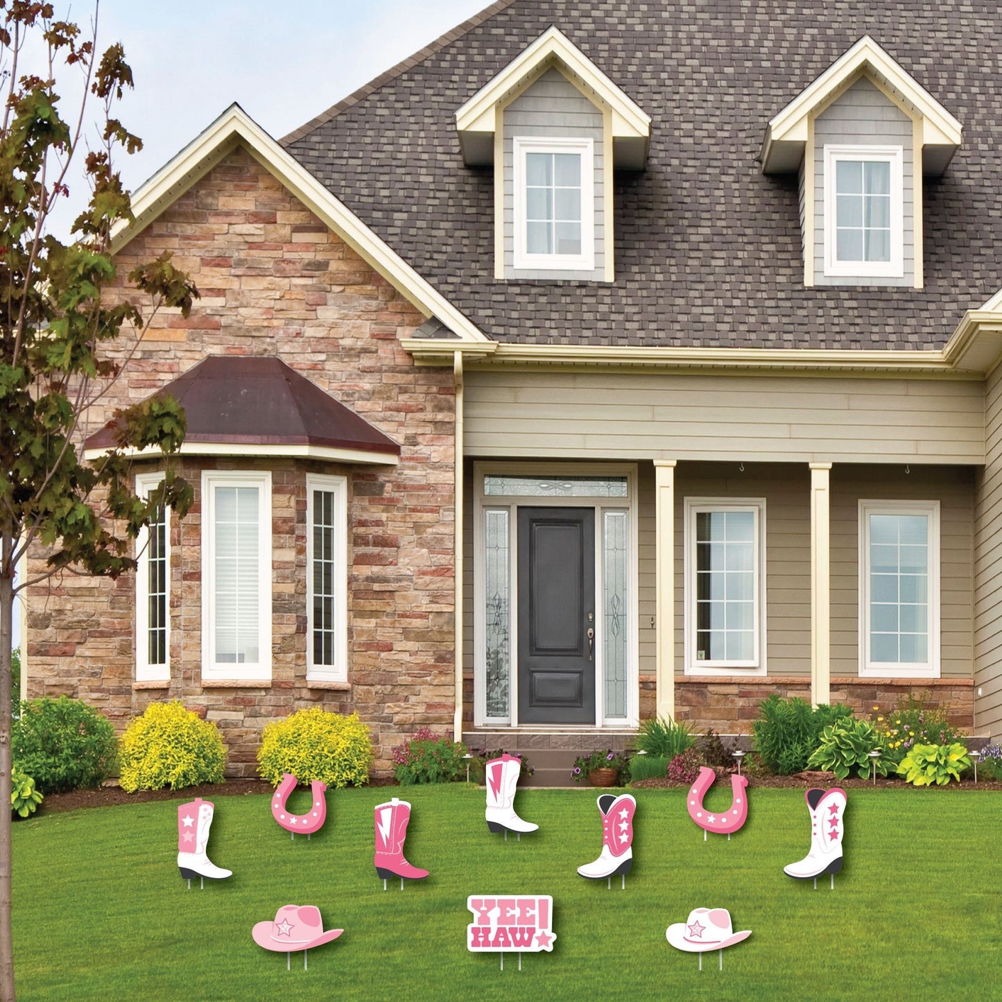 Rodeo Cowgirl - Cowboy Boots, Hat, and Horseshoe Lawn Decorations - Outdoor Pink Western Party Yard Decorations - 10 Piece