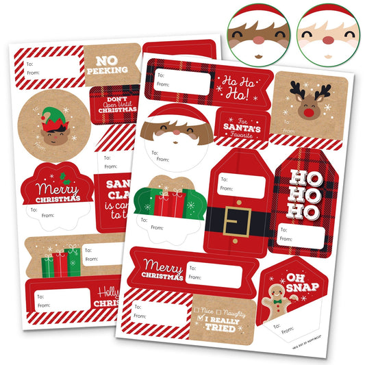 Jolly Santa Claus - Assorted Christmas Party Gift Tag Labels - To and From Stickers - 12 Sheets - 120 Stickers