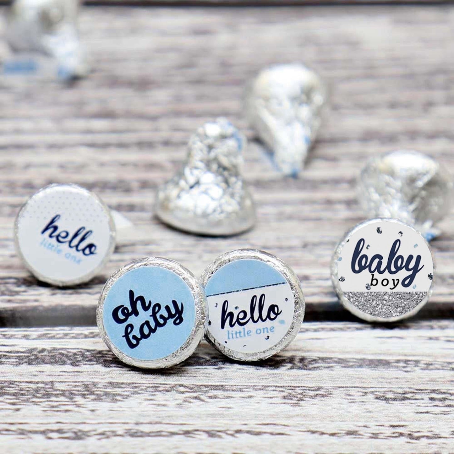 Hello Little One - Blue and Silver - Round Candy Labels Party Favors - Fits Hershey's Kisses - 108 ct