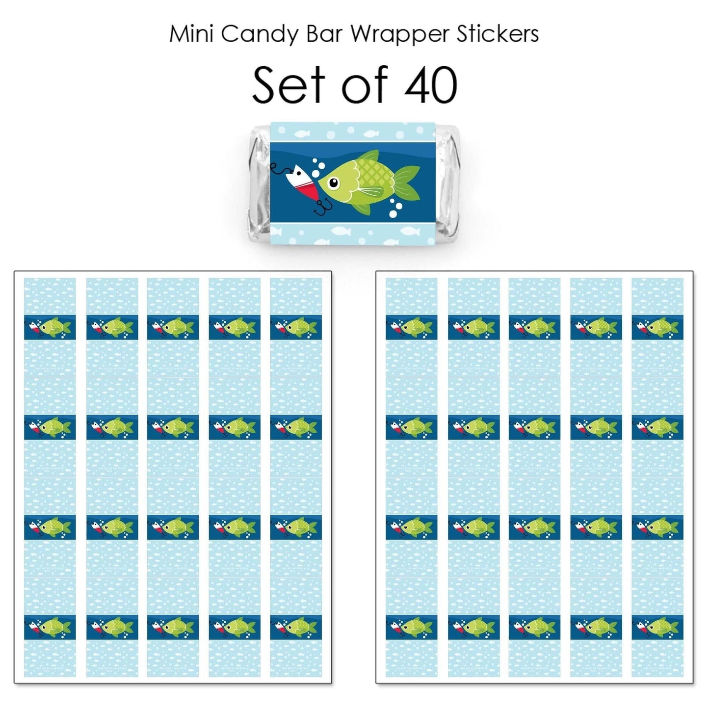 Let's Go Fishing - Mini Candy Bar Wrapper Stickers - Fish Themed Party or Birthday Party Small Favors - 40 Count